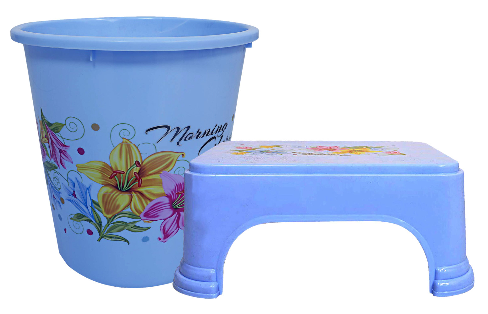 Kuber Industries Printed 2 Pieces Unbreakable Virgin Plastic Multipurpose Bathroom Dustbin & Stool Set (Blue)