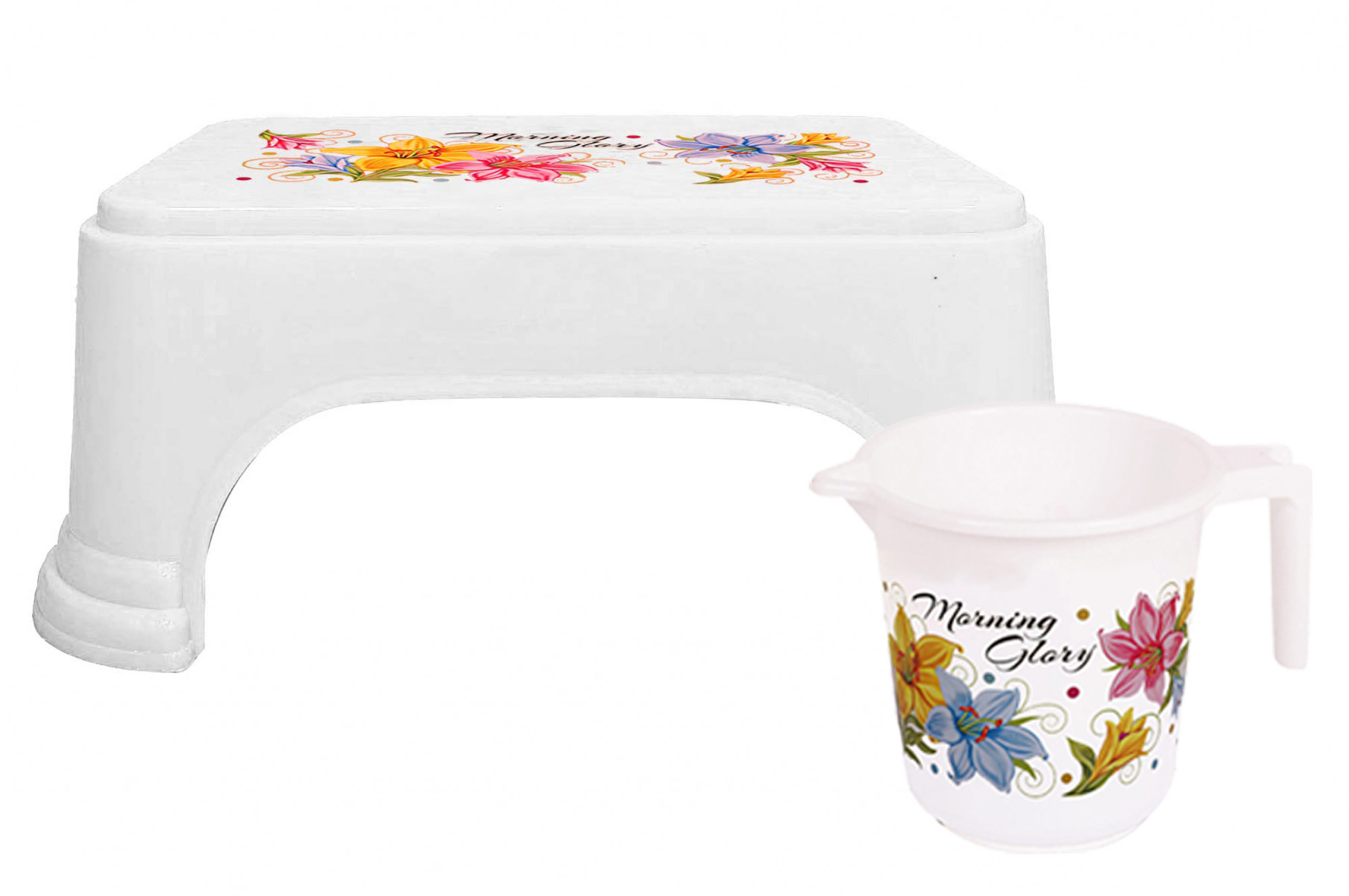 Kuber Industries Printed 2 Pieces Unbreakable Virgin Plastic Multipurpose Bathroom Stool & Mug Set (White)