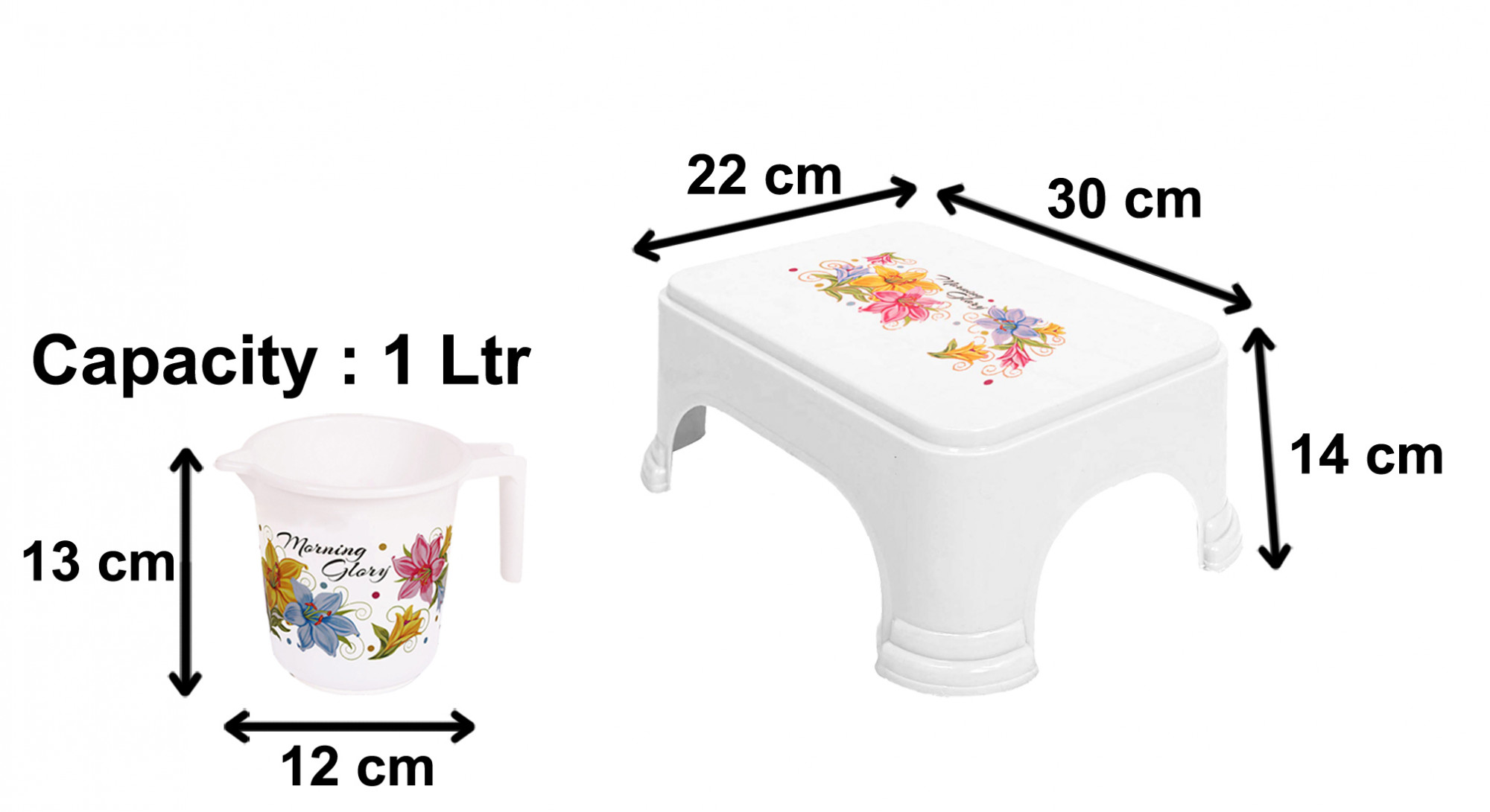 Kuber Industries Printed 2 Pieces Unbreakable Virgin Plastic Multipurpose Bathroom Stool & Mug Set (White)