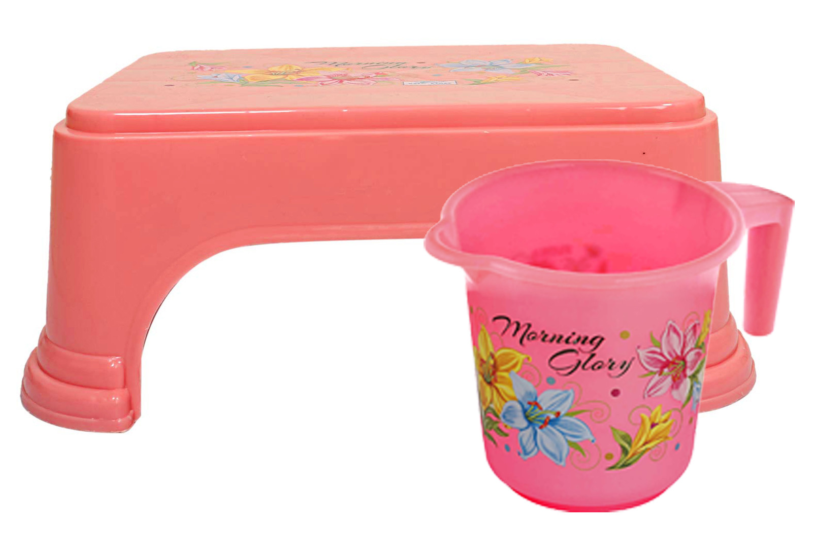 Kuber Industries Printed 2 Pieces Unbreakable Virgin Plastic Multipurpose Bathroom Stool & Mug Set (Pink)