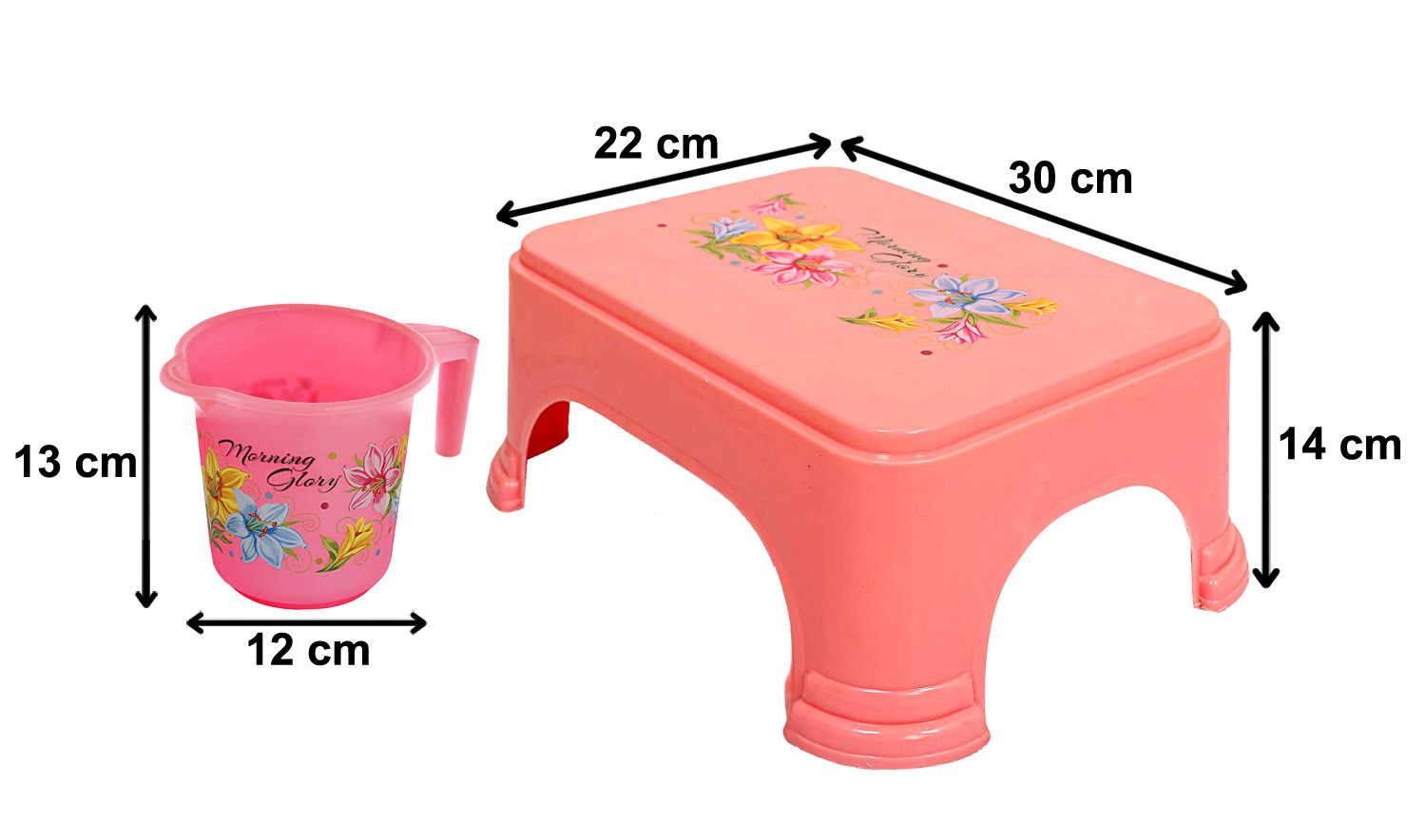 Kuber Industries Printed 2 Pieces Unbreakable Virgin Plastic Multipurpose Bathroom Stool & Mug Set (Pink)