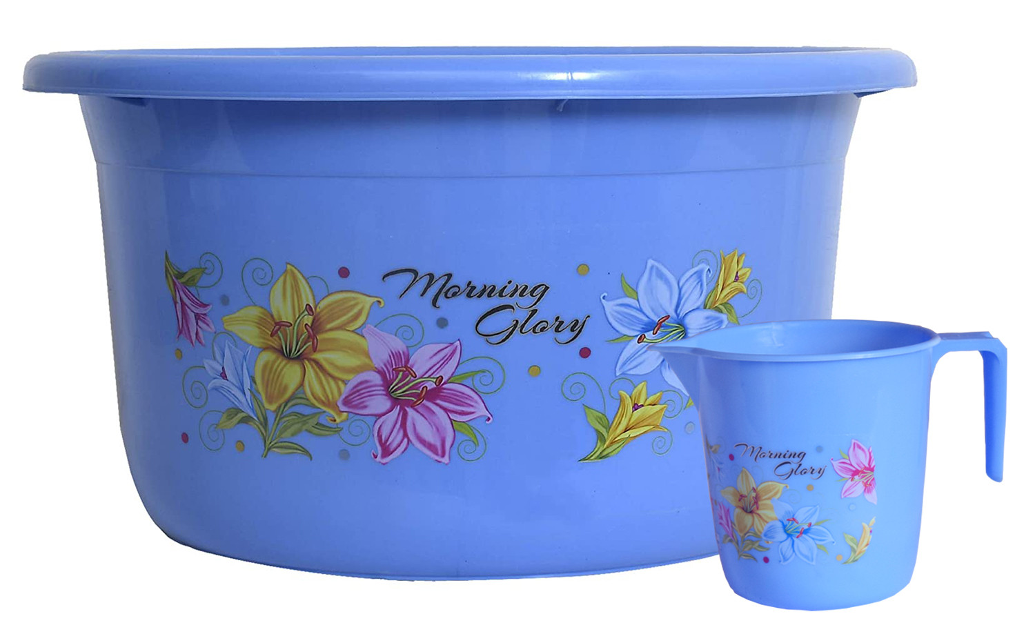 Kuber Industries Printed 2 Pieces Unbreakable Virgin Plastic Multipurpose Bathroom Tub & Mug Set (Blue)