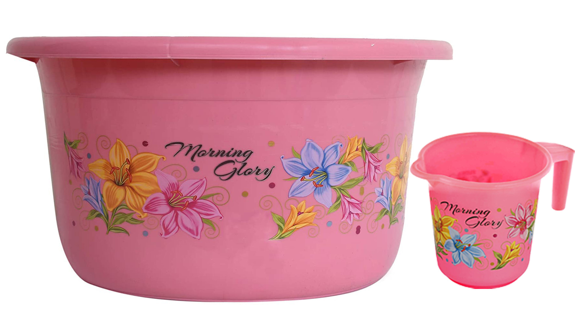 Kuber Industries Printed 2 Pieces Unbreakable Virgin Plastic Multipurpose Bathroom Tub & Mug Set (Pink)
