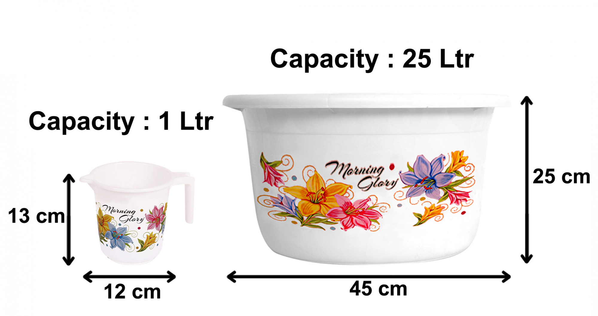 Kuber Industries Printed 2 Pieces Unbreakable Virgin Plastic Multipurpose Bathroom Tub & Mug Set (White)