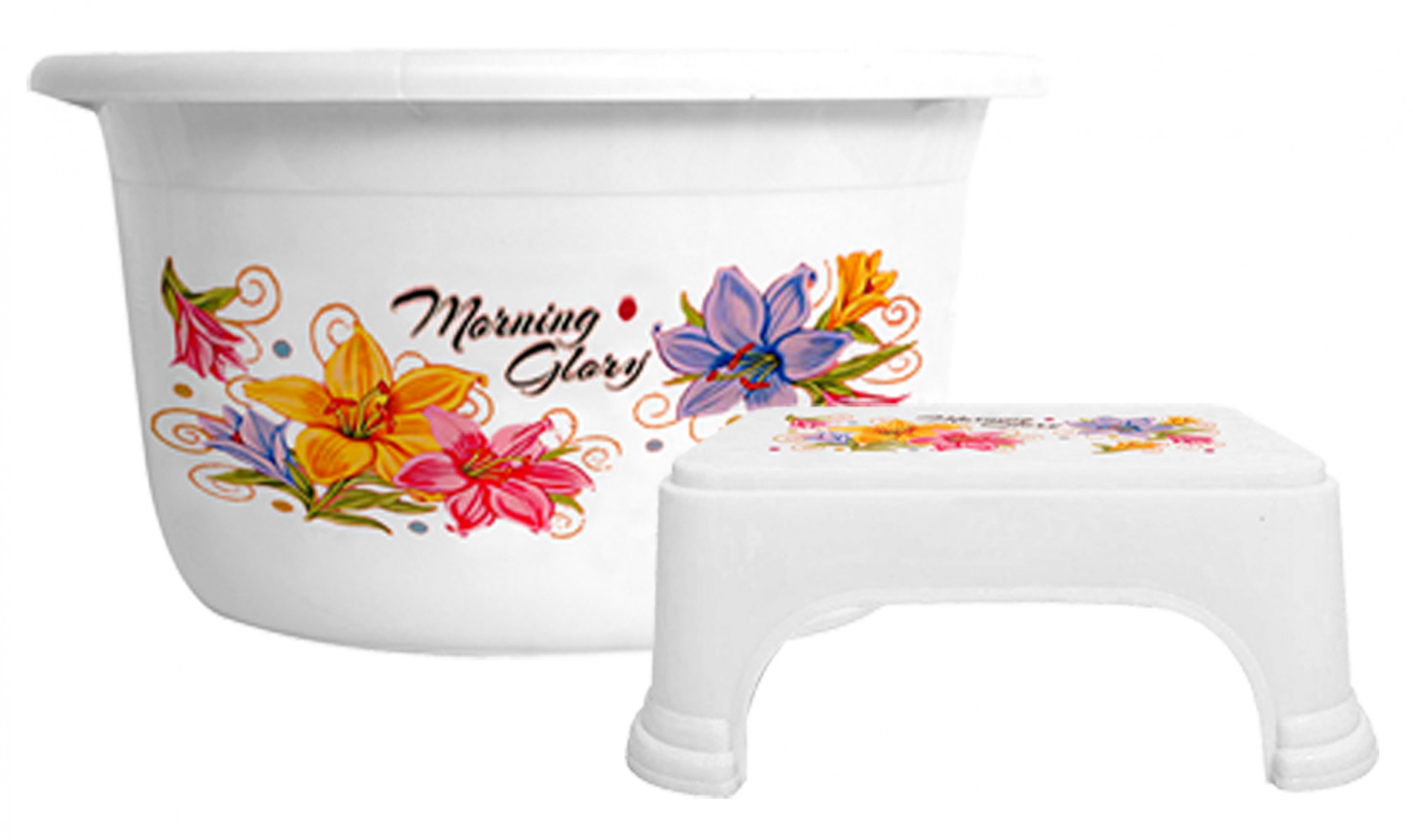 Kuber Industries Printed 2 Pieces Unbreakable Virgin Plastic Multipurpose Bathroom Tub & Stool Set (White)