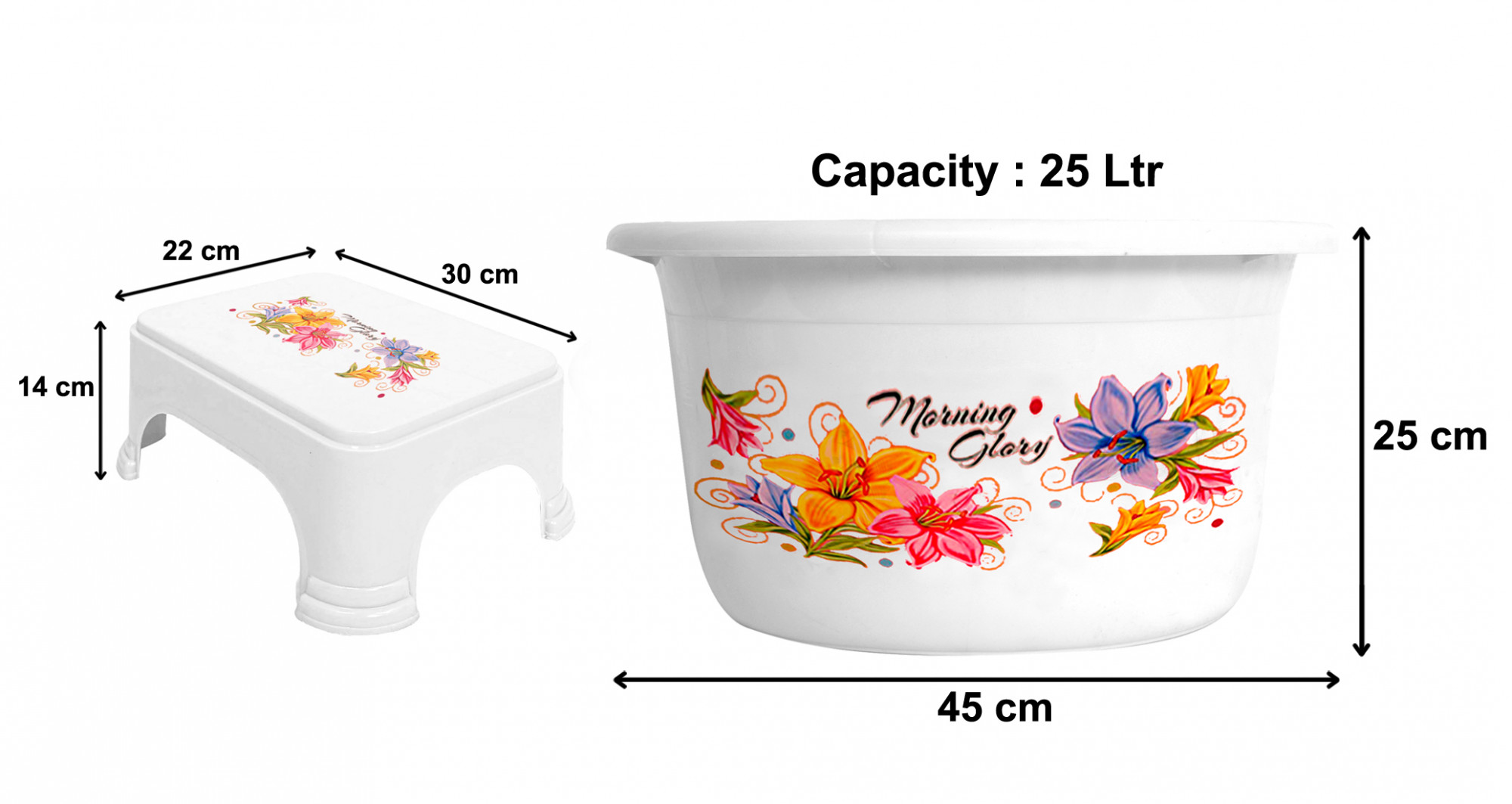 Kuber Industries Printed 2 Pieces Unbreakable Virgin Plastic Multipurpose Bathroom Tub & Stool Set (White)