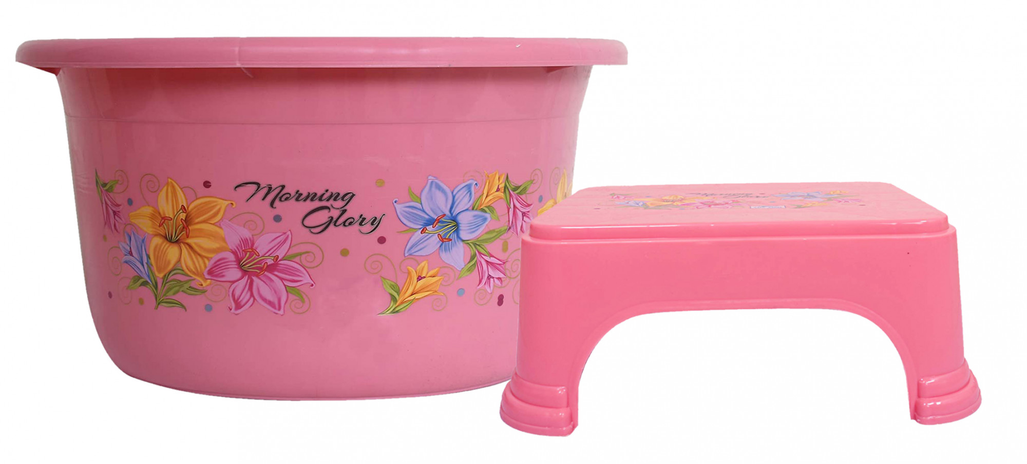 Kuber Industries Printed 2 Pieces Unbreakable Virgin Plastic Multipurpose Bathroom Tub & Stool Set (Pink)