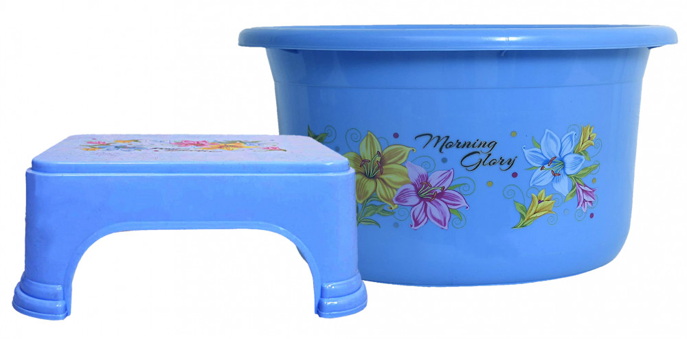 Kuber Industries Printed 2 Pieces Unbreakable Virgin Plastic Multipurpose Bathroom Tub &amp; Stool Set (Blue)