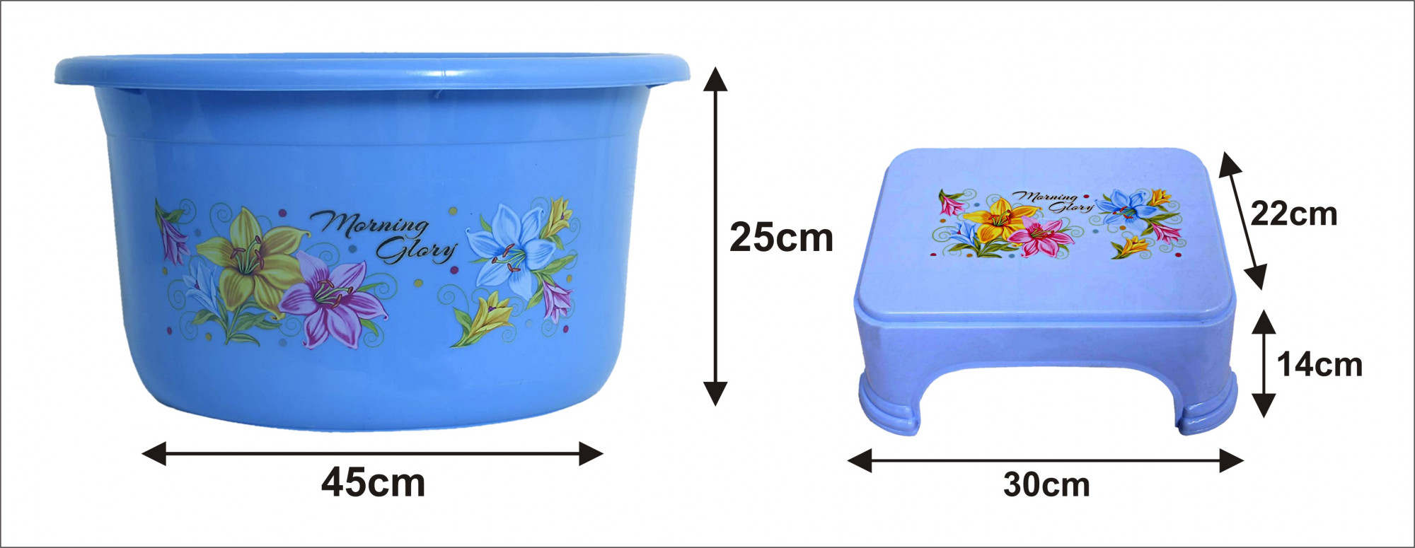 Kuber Industries Printed 2 Pieces Unbreakable Virgin Plastic Multipurpose Bathroom Tub & Stool Set (Blue)