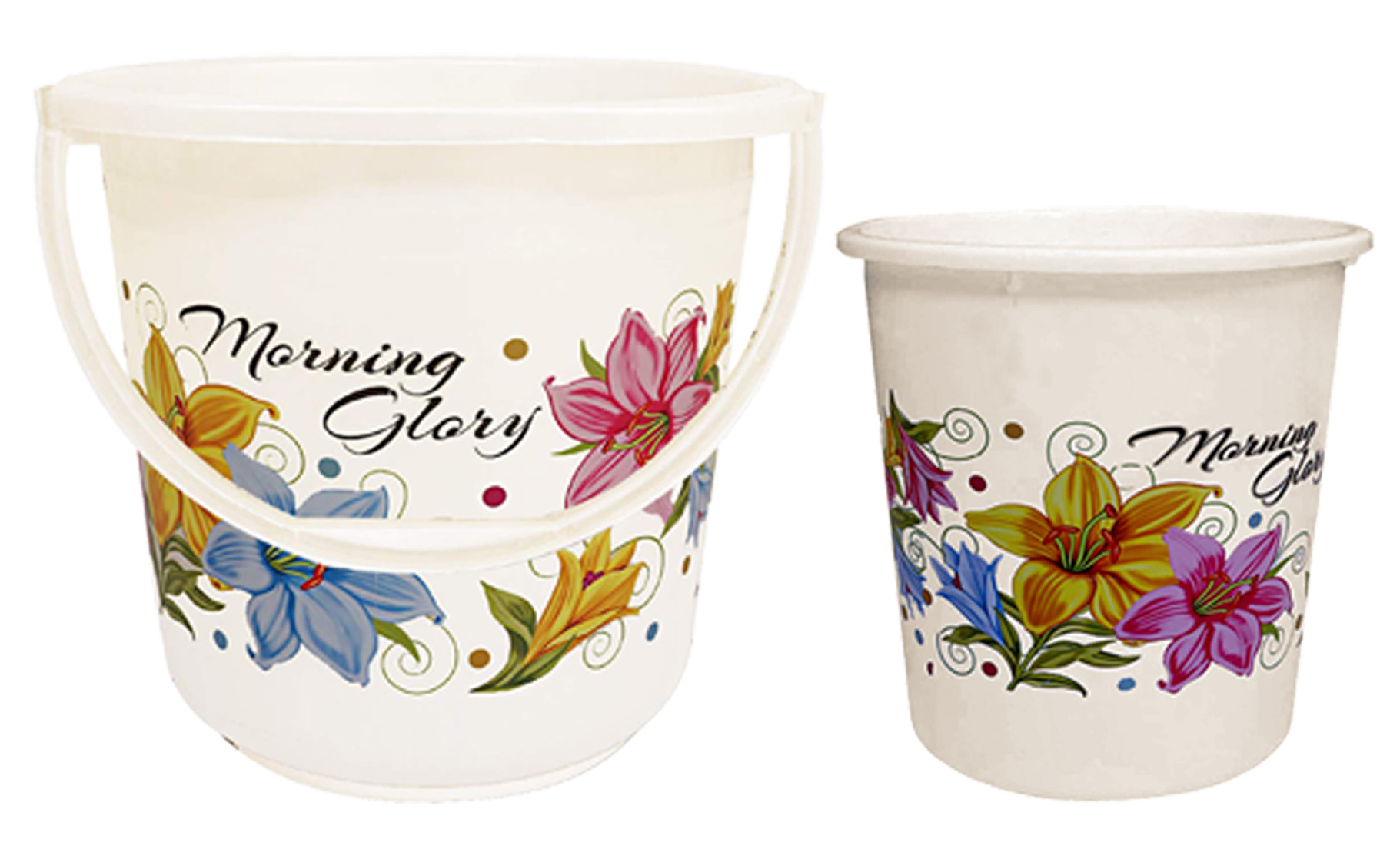 Kuber Industries Printed 2 Pieces Unbreakable Virgin Plastic Multipurpose Bucket & Dustbin Set (White)