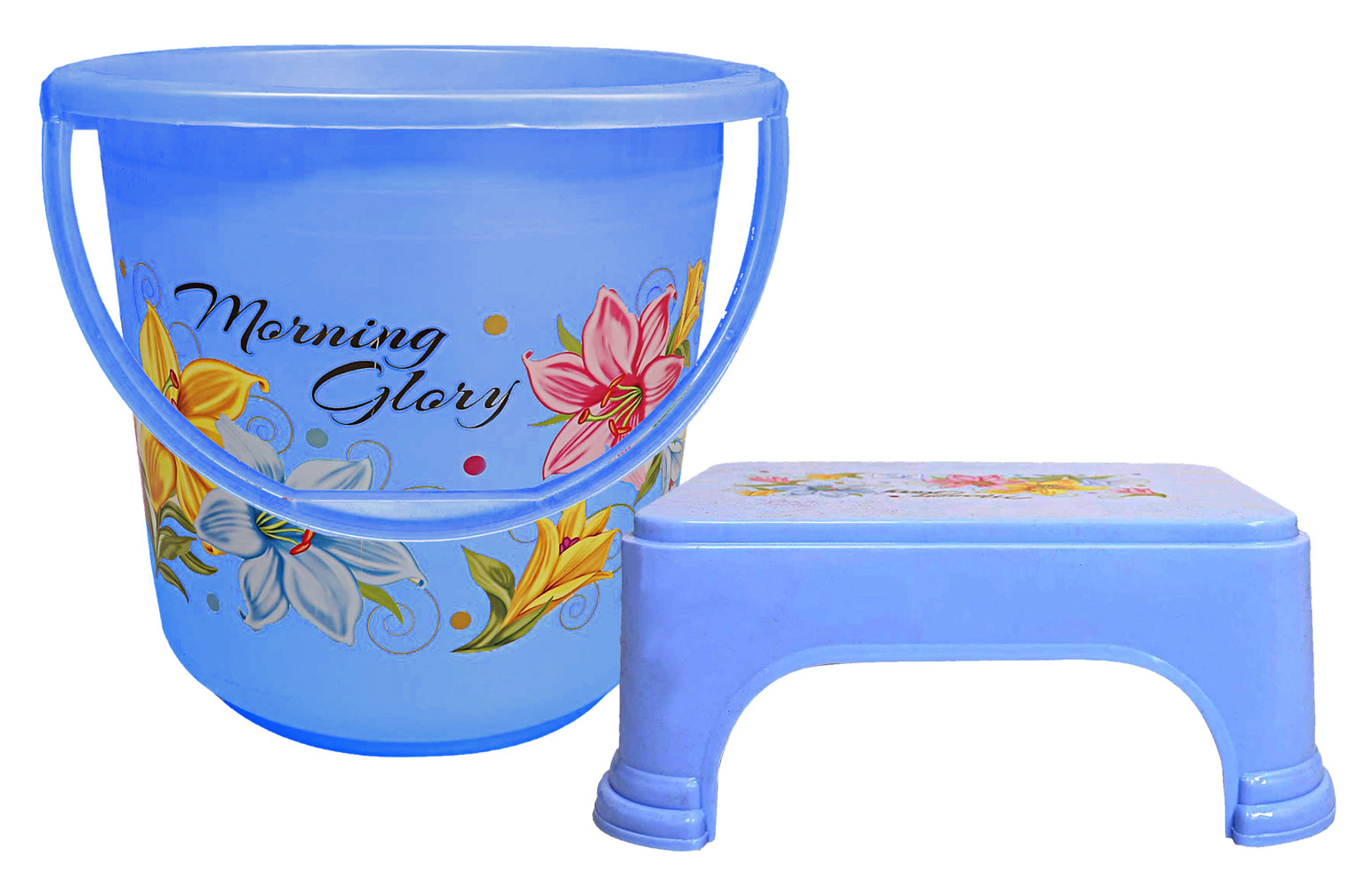Kuber Industries Printed 2 Pieces Unbreakable Virgin Plastic Multipurpose Bucket & Stool Set (Blue)