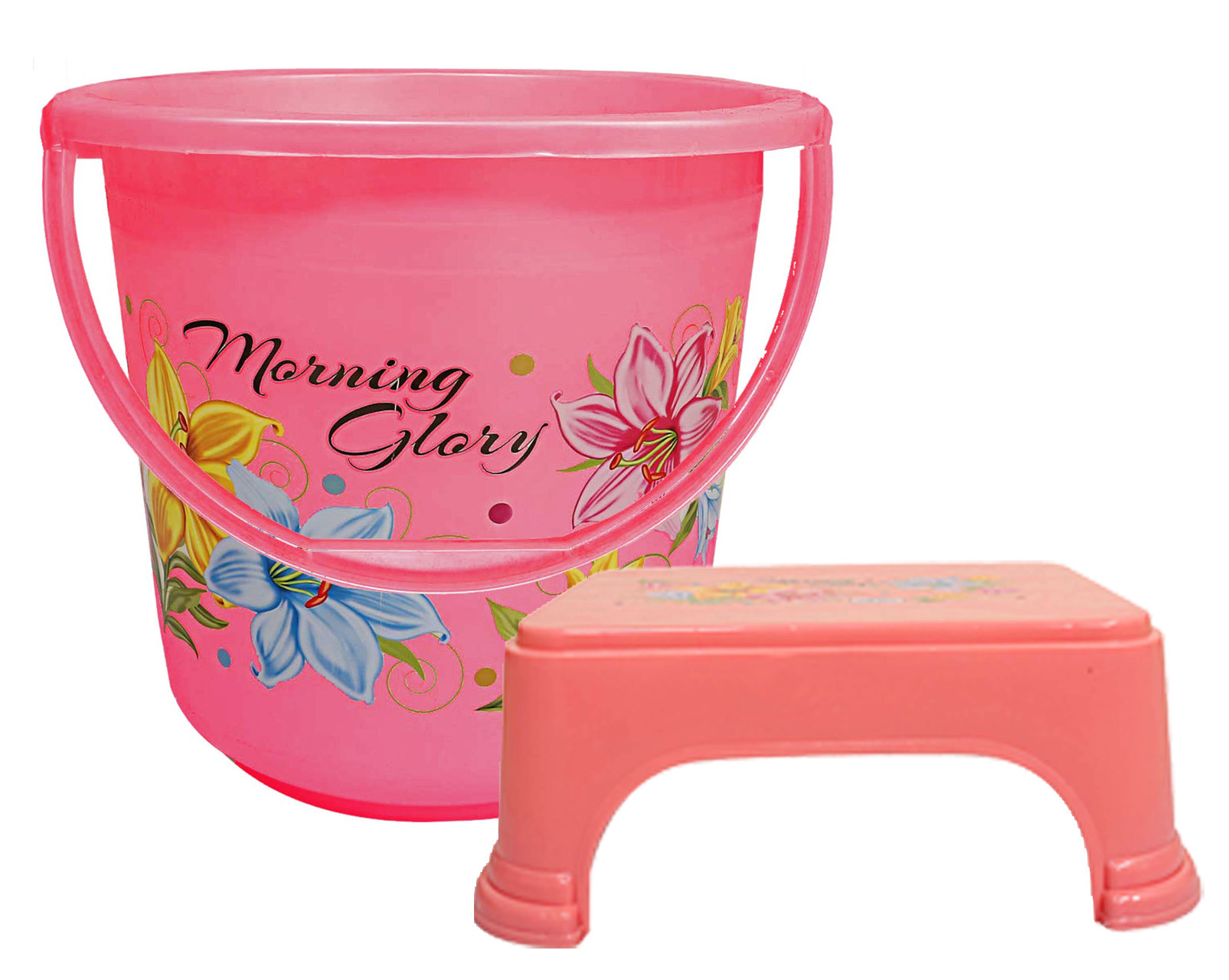Kuber Industries Printed 2 Pieces Unbreakable Virgin Plastic Multipurpose Bucket & Stool Set (Pink)