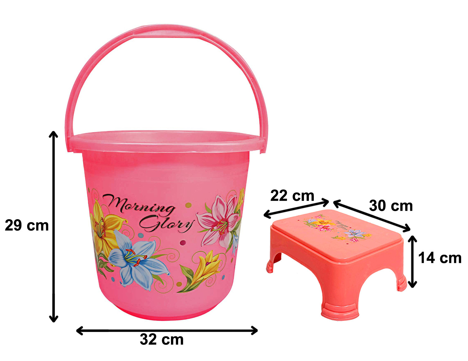 Kuber Industries Printed 2 Pieces Unbreakable Virgin Plastic Multipurpose Bucket & Stool Set (Pink)