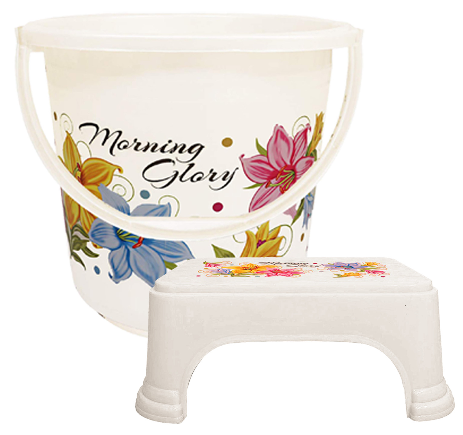 Kuber Industries Printed 2 Pieces Unbreakable Virgin Plastic Multipurpose Bucket & Stool Set (White)