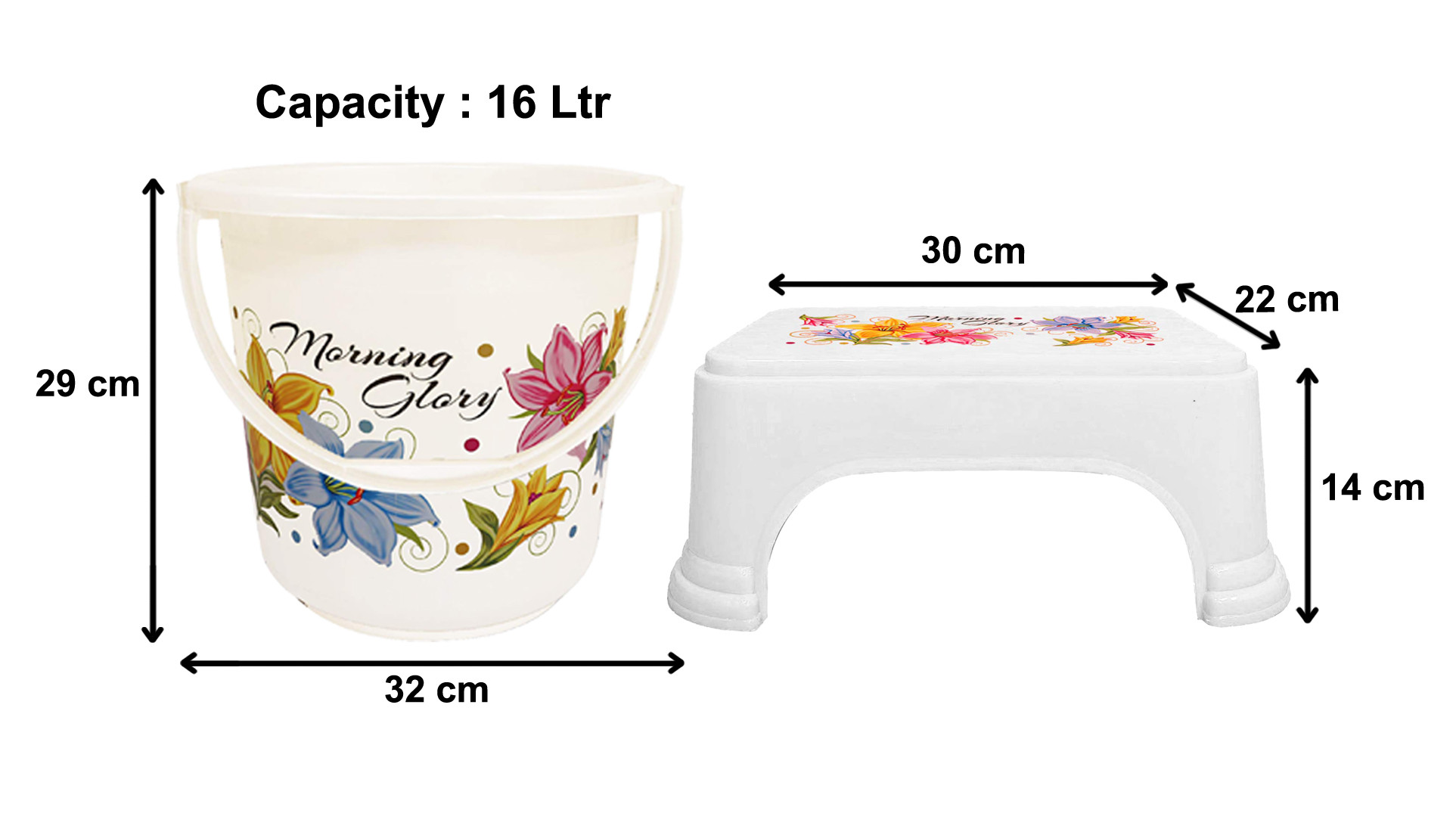 Kuber Industries Printed 2 Pieces Unbreakable Virgin Plastic Multipurpose Bucket & Stool Set (White)