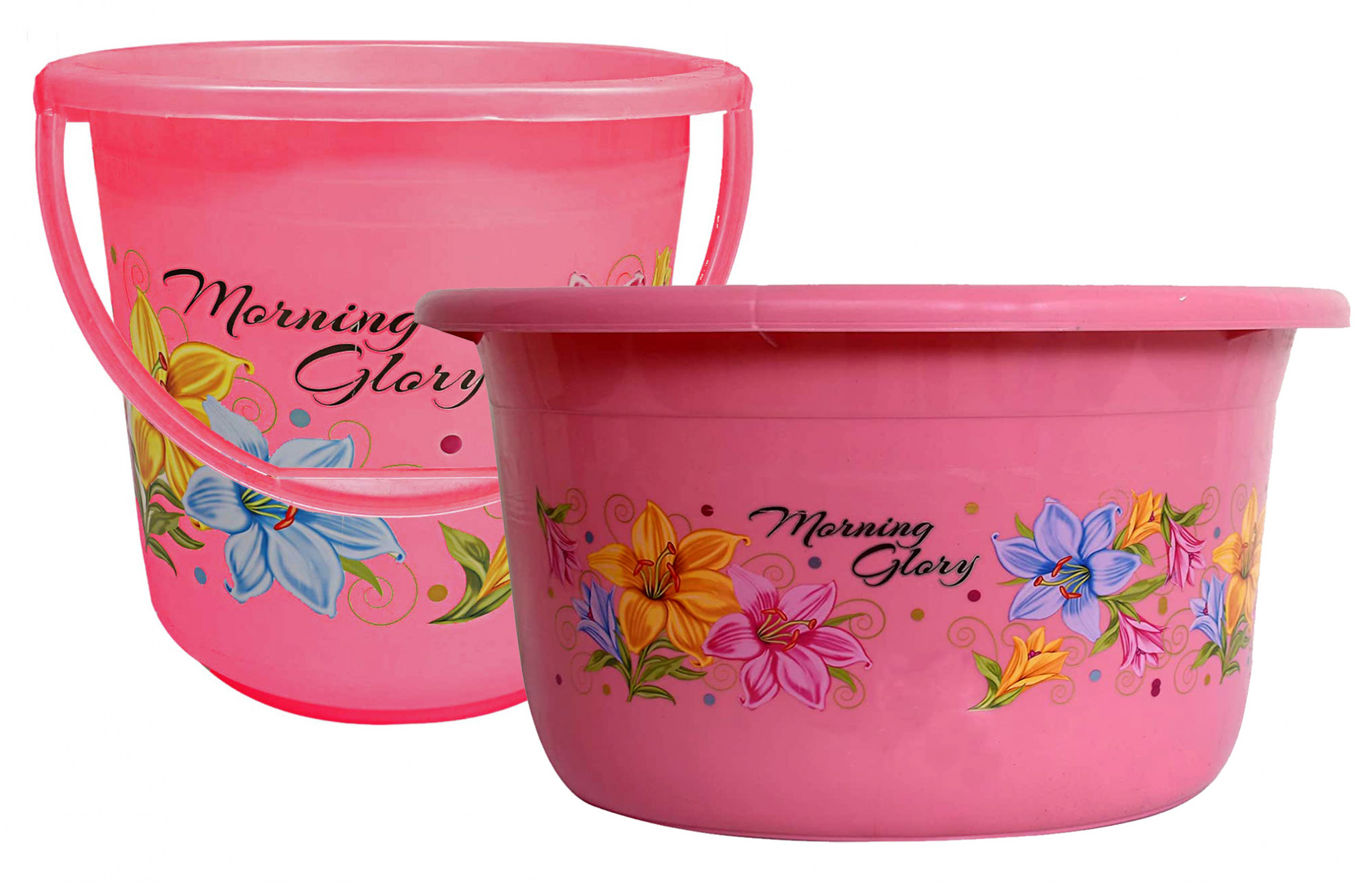 Kuber Industries Printed 2 Pieces Unbreakable Virgin Plastic Multipurpose Bucket & Tub Set (Pink)