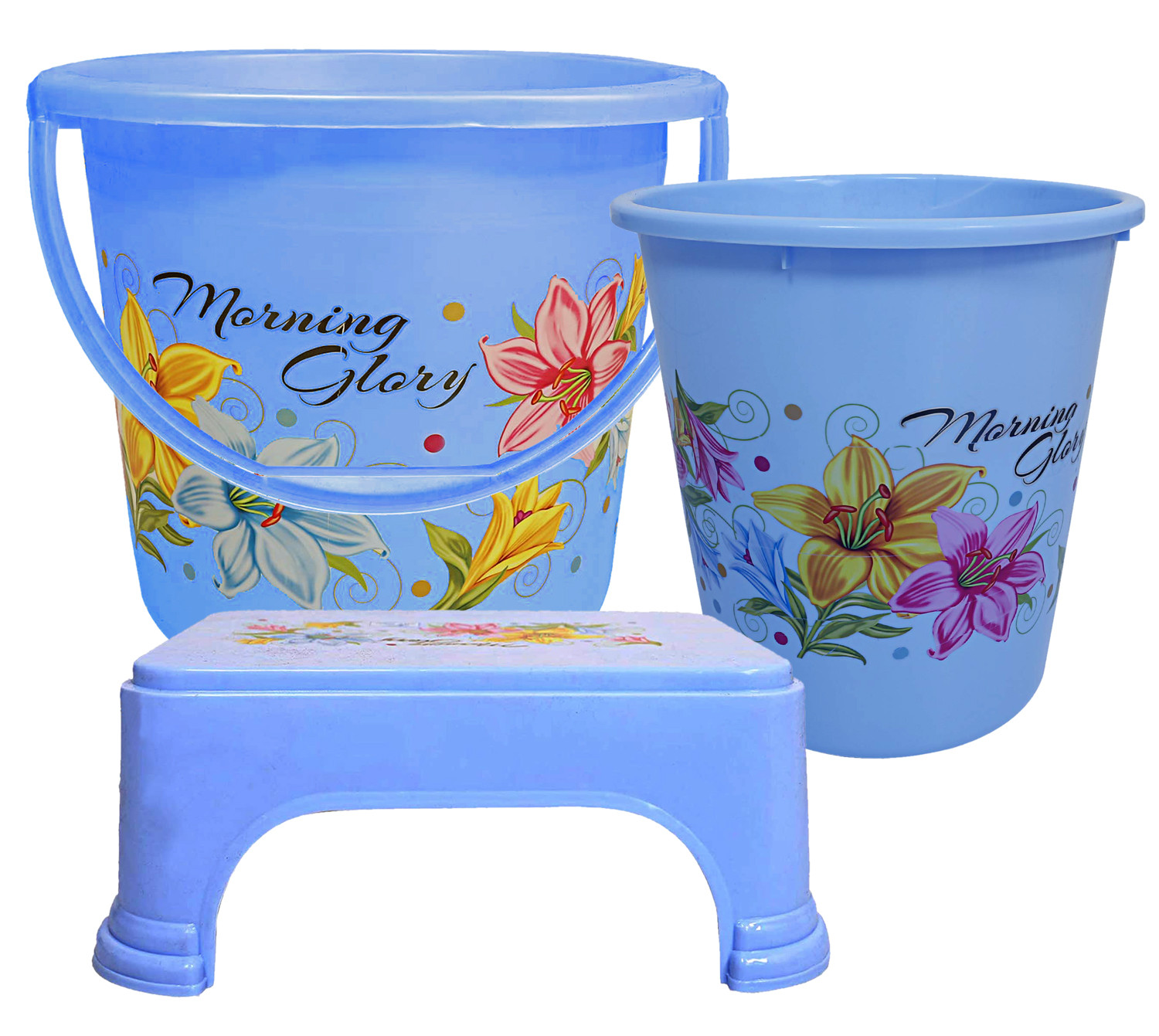Kuber Industries Printed 3 Pieces Unbreakable Virgin Plastic Multipurpose Bucket, Dustbin & Stool Set (Blue)