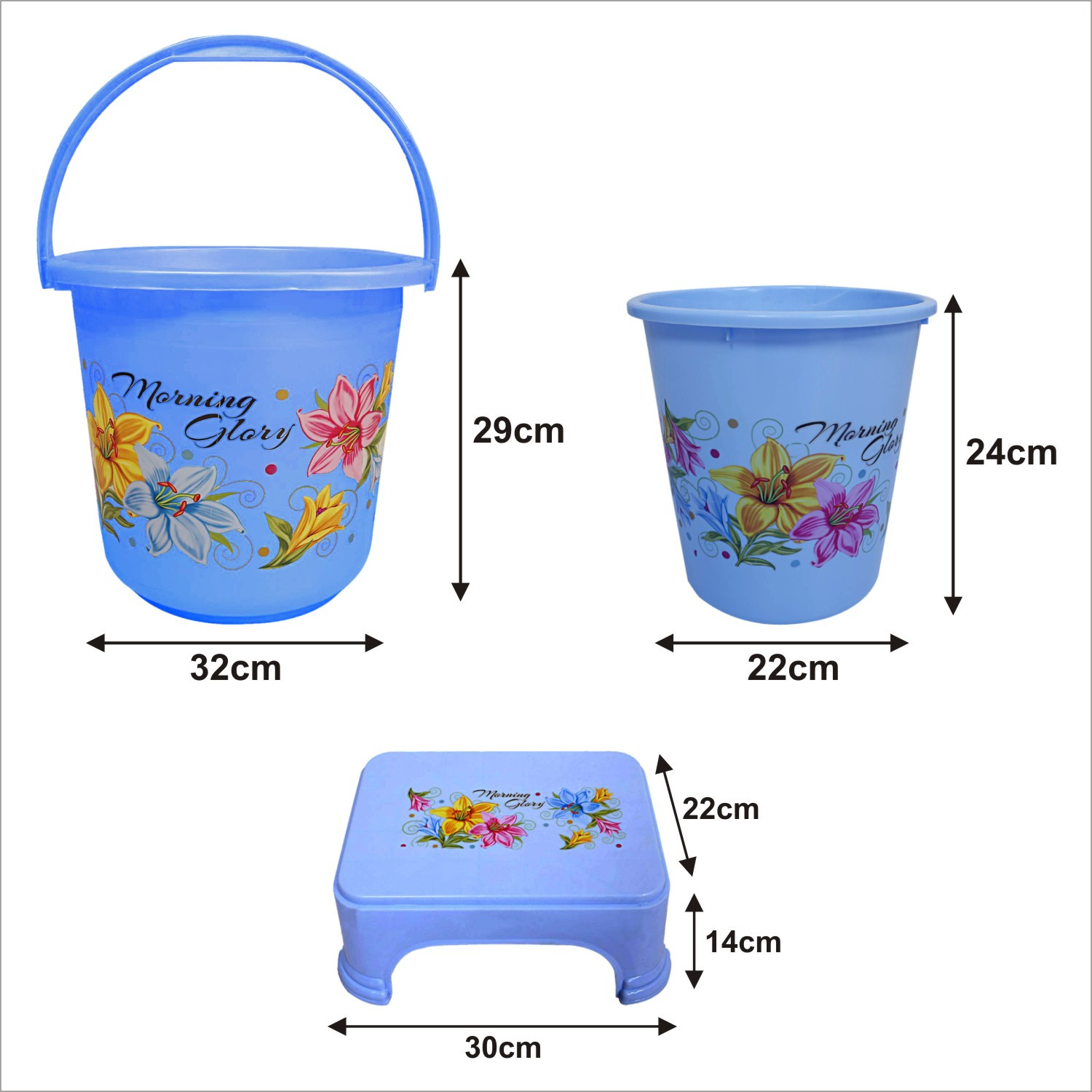 Kuber Industries Printed 3 Pieces Unbreakable Virgin Plastic Multipurpose Bucket, Dustbin & Stool Set (Blue)