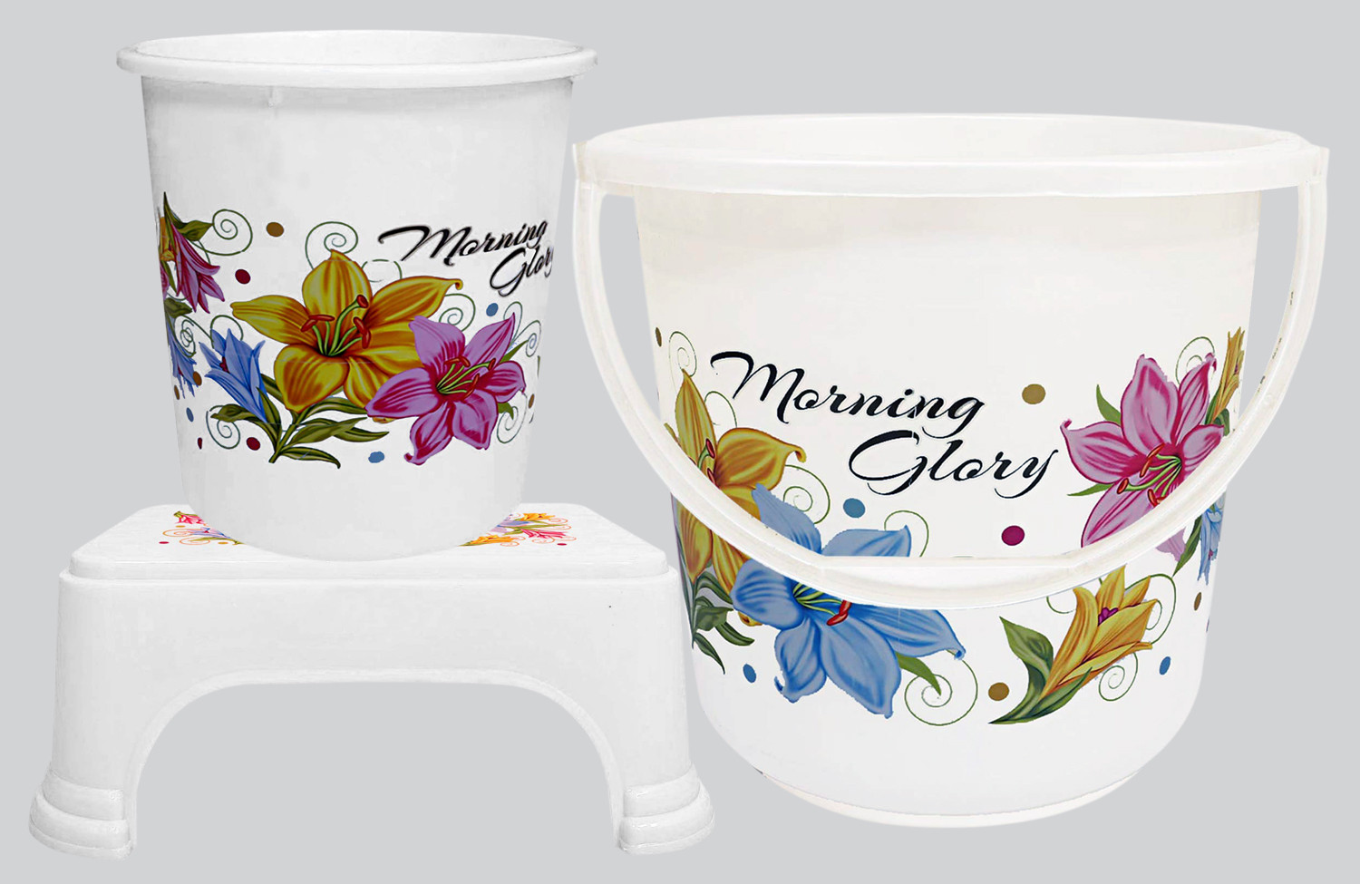 Kuber Industries Printed 3 Pieces Unbreakable Virgin Plastic Multipurpose Bucket, Dustbin & Stool Set (White)