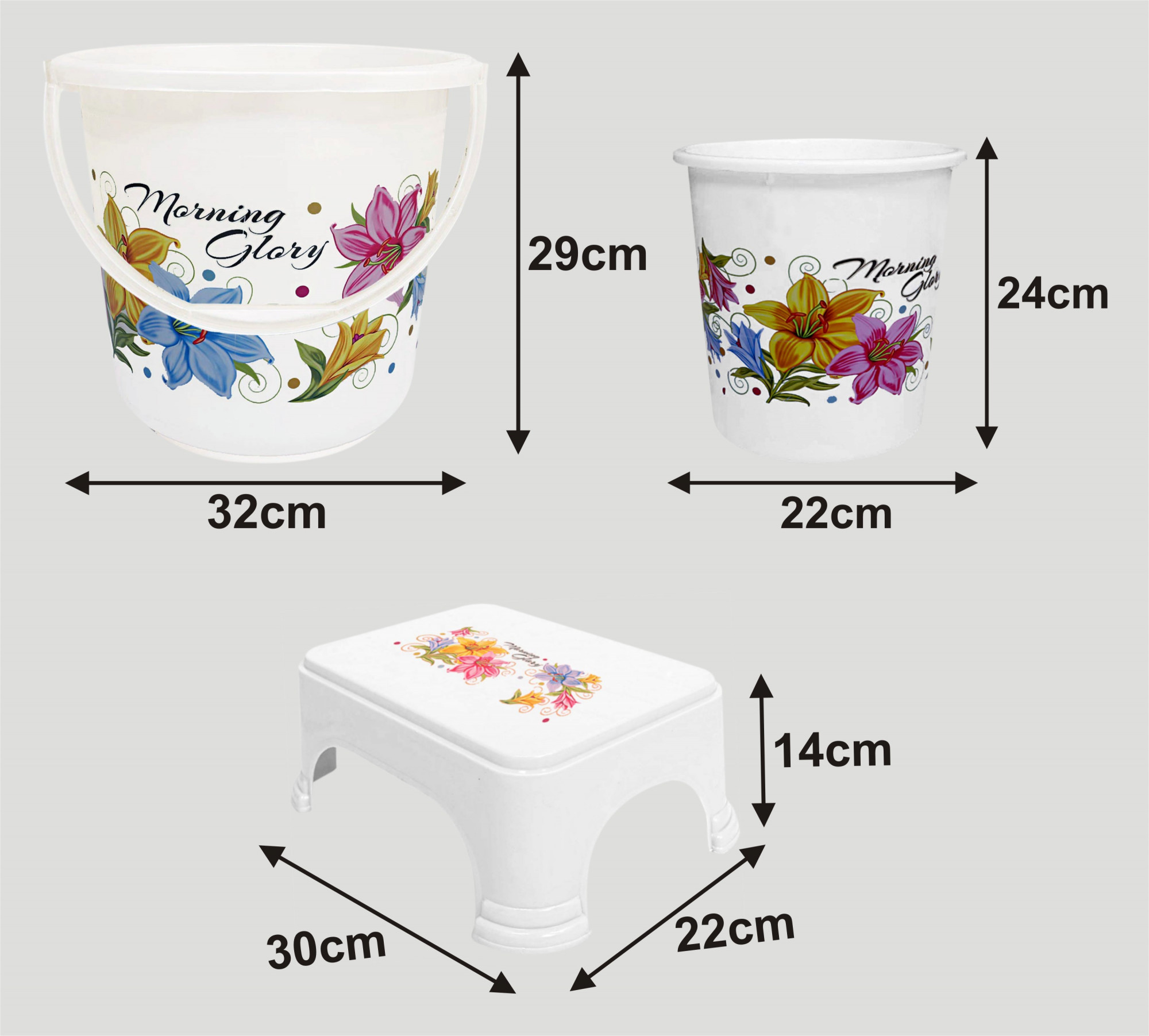 Kuber Industries Printed 3 Pieces Unbreakable Virgin Plastic Multipurpose Bucket, Dustbin & Stool Set (White)