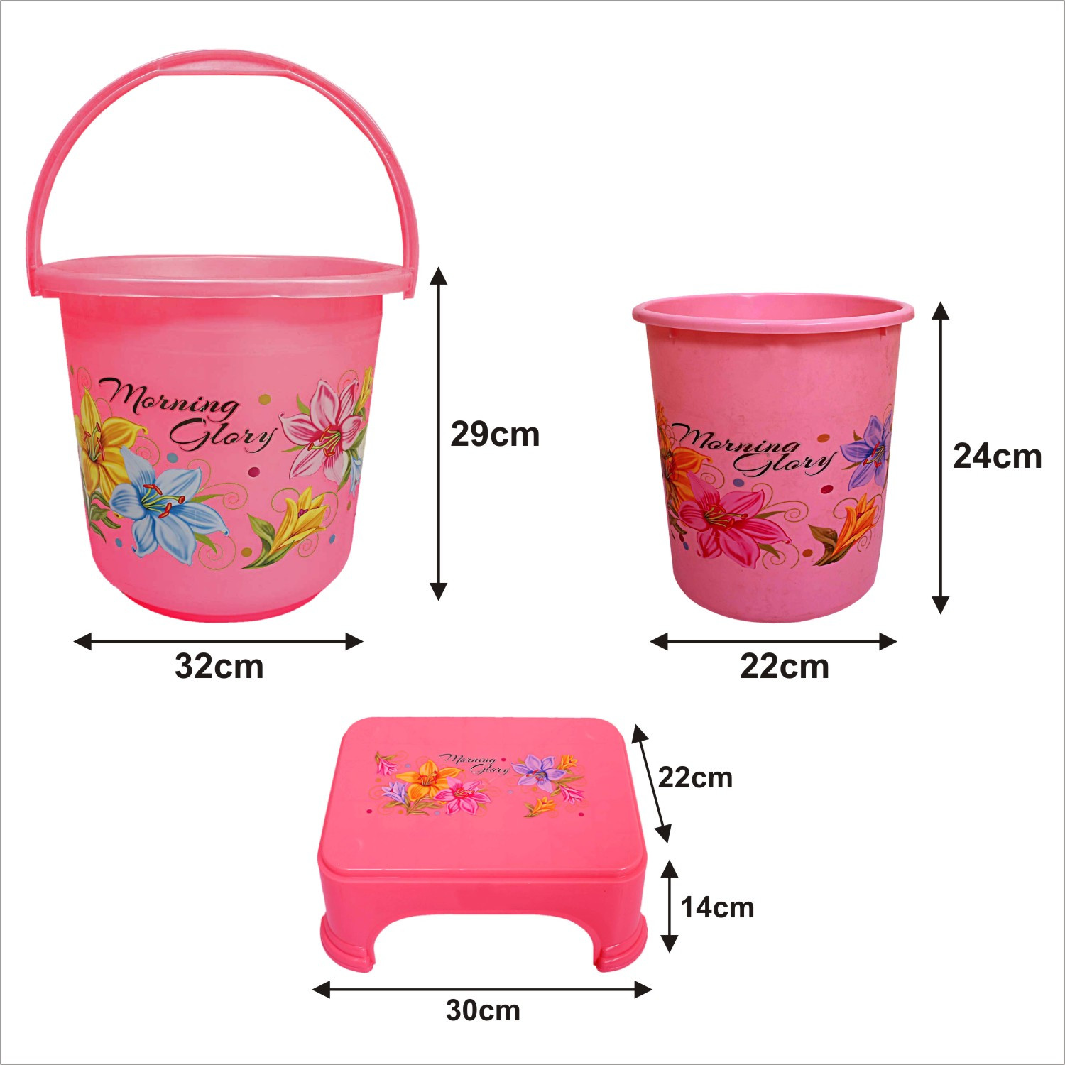 Kuber Industries Printed 3 Pieces Unbreakable Virgin Plastic Multipurpose Bucket, Dustbin & Stool Set (Pink)