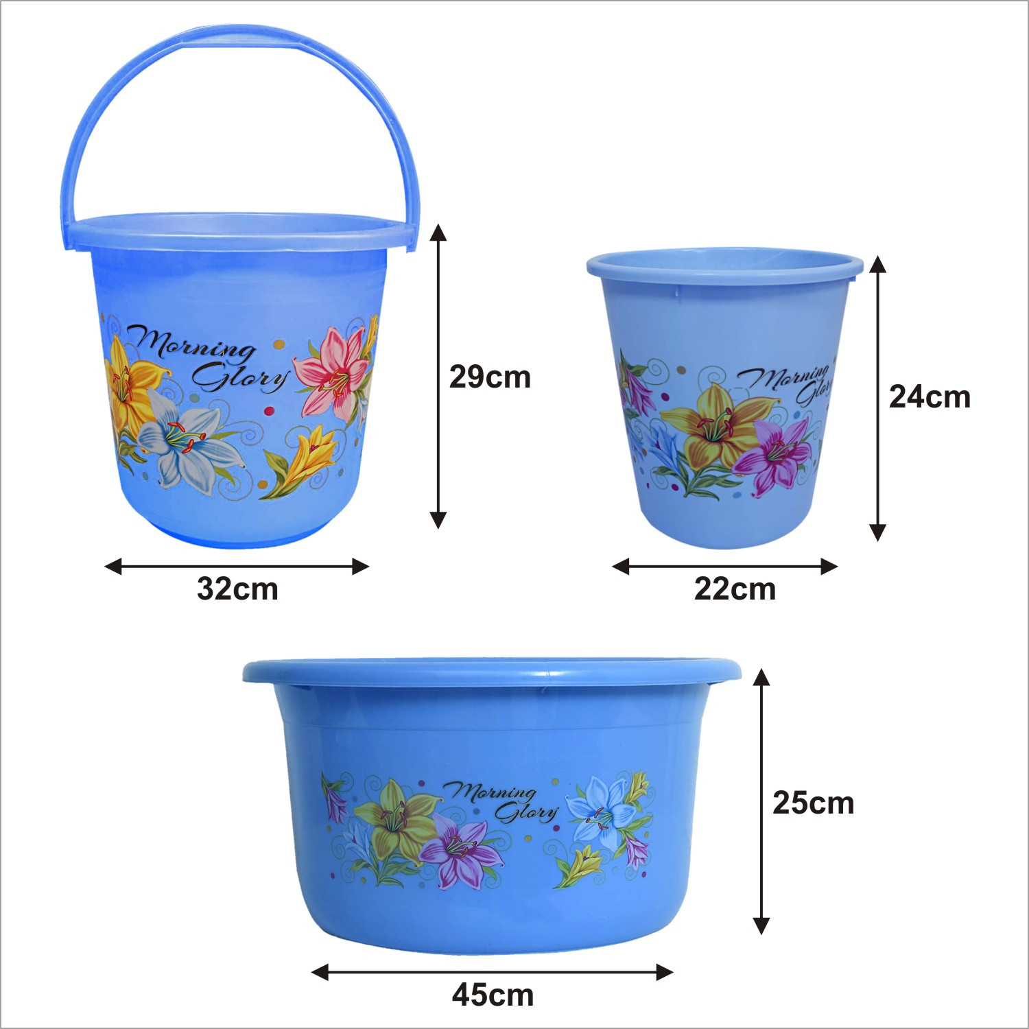 Kuber Industries Printed 3 Pieces Unbreakable Virgin Plastic Multipurpose Bucket, Dustbin & Tub Set (Blue)