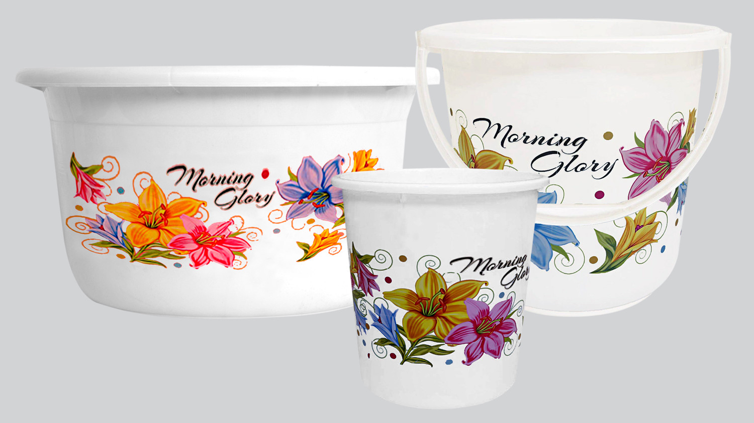 Kuber Industries Printed 3 Pieces Unbreakable Virgin Plastic Multipurpose Bucket, Dustbin & Tub Set (White)