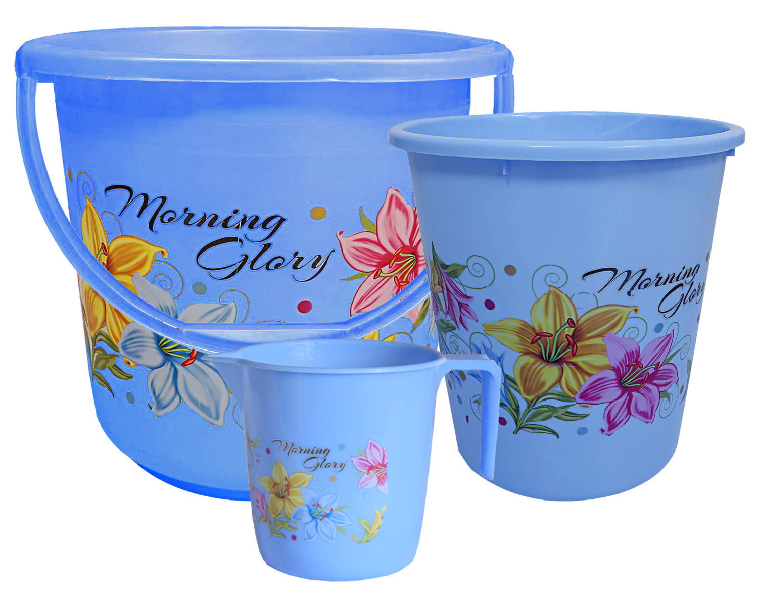 Kuber Industries Printed 3 Pieces Unbreakable Virgin Plastic Multipurpose Bucket, Mug & Dustbin Set (Blue)