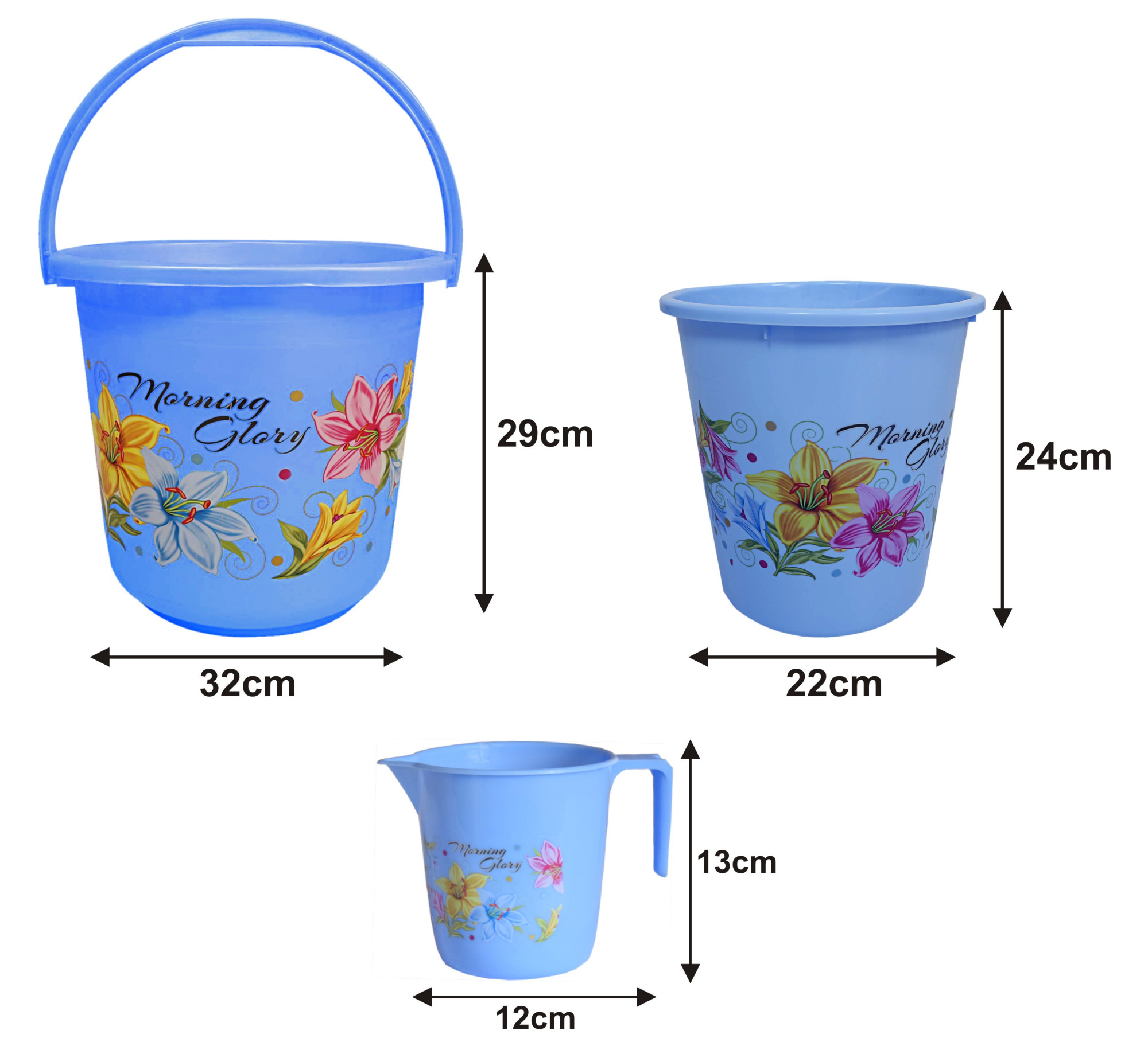 Kuber Industries Printed 3 Pieces Unbreakable Virgin Plastic Multipurpose Bucket, Mug & Dustbin Set (Blue)
