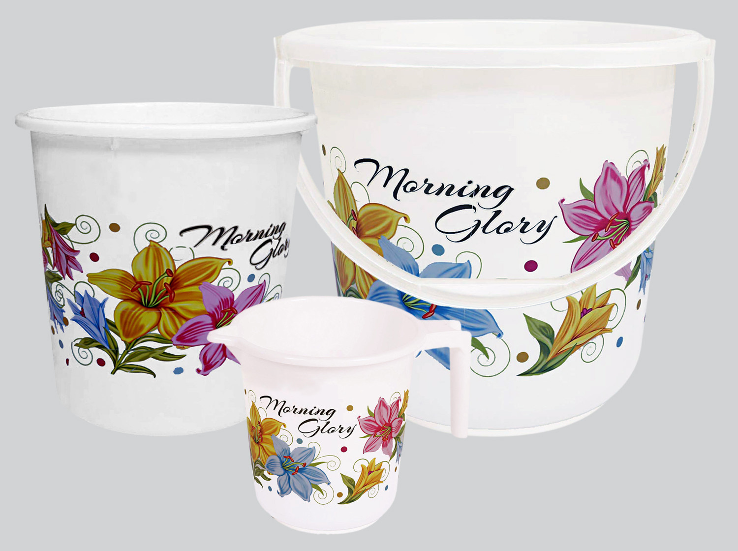Kuber Industries Printed 3 Pieces Unbreakable Virgin Plastic Multipurpose Bucket, Mug & Dustbin Set (White)