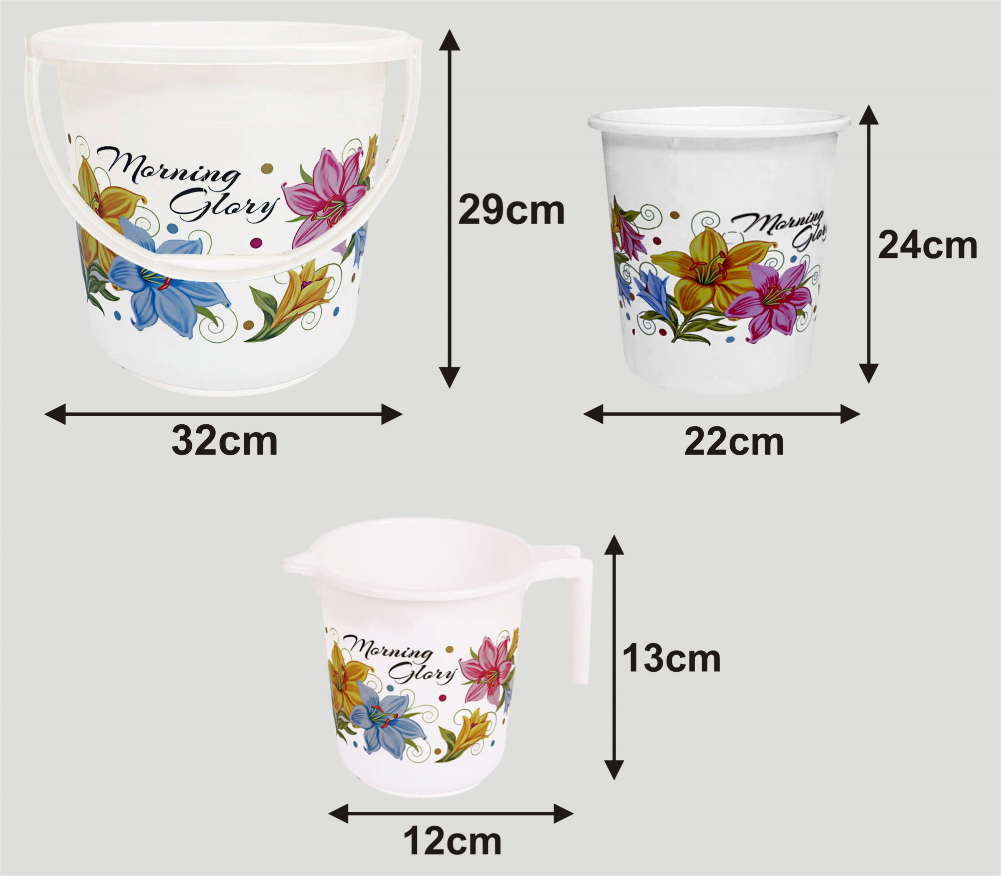 Kuber Industries Printed 3 Pieces Unbreakable Virgin Plastic Multipurpose Bucket, Mug & Dustbin Set (White)