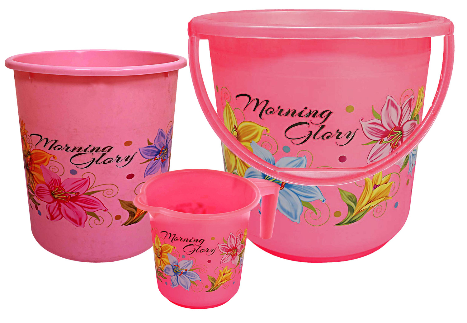 Kuber Industries Printed 3 Pieces Unbreakable Virgin Plastic Multipurpose Bucket, Mug & Dustbin Set (Pink)