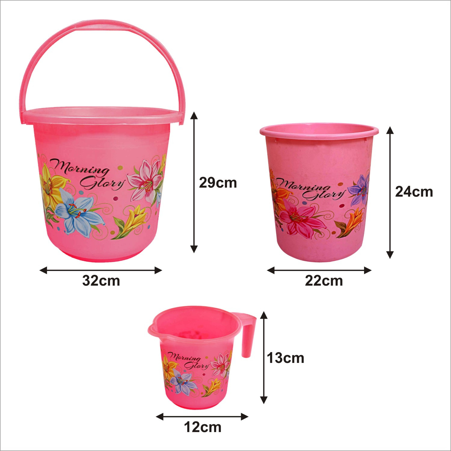 Kuber Industries Printed 3 Pieces Unbreakable Virgin Plastic Multipurpose Bucket, Mug & Dustbin Set (Pink)