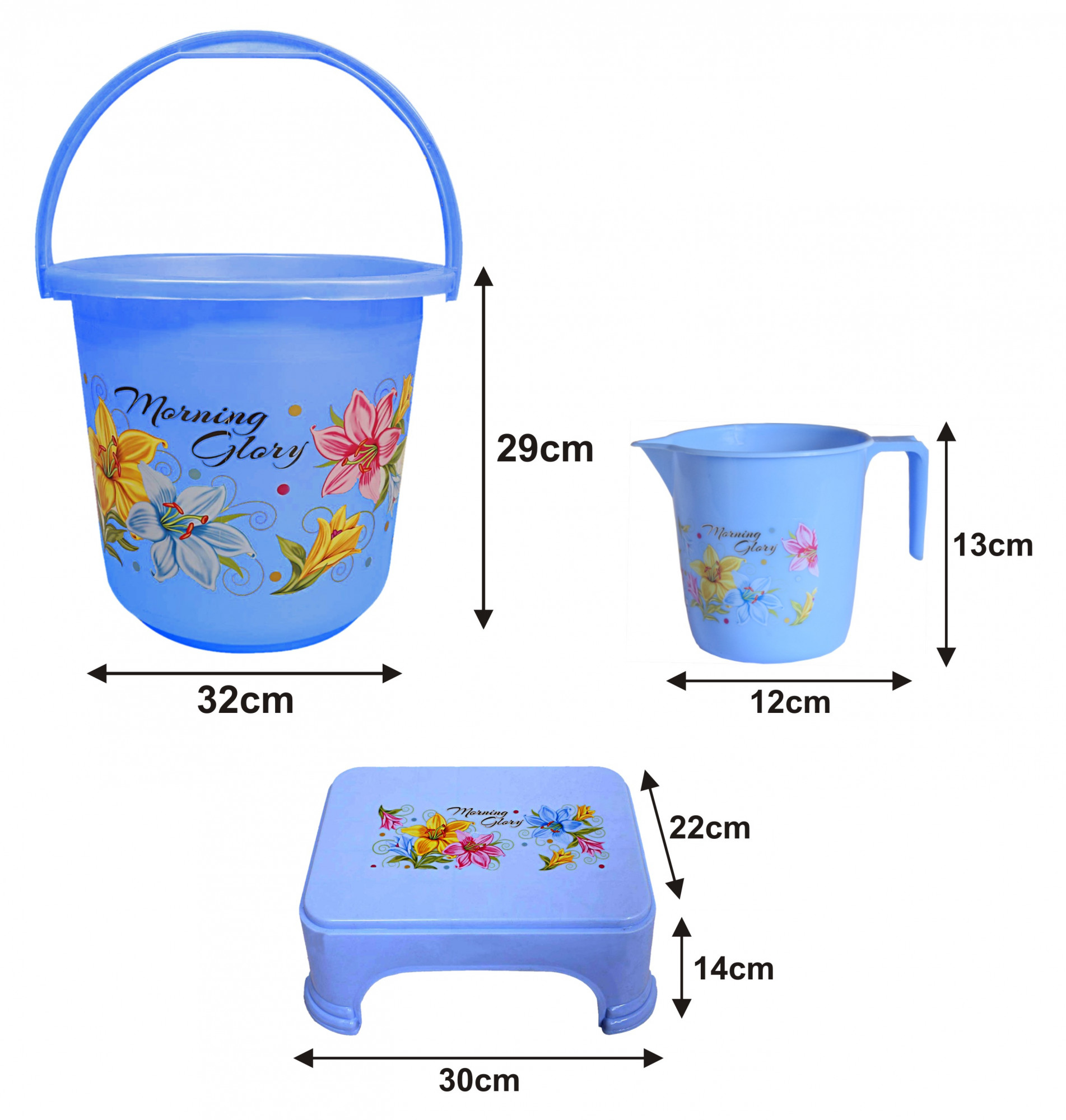 Kuber Industries Printed 3 Pieces Unbreakable Virgin Plastic Multipurpose Bucket, Mug & Stool Set (Blue)