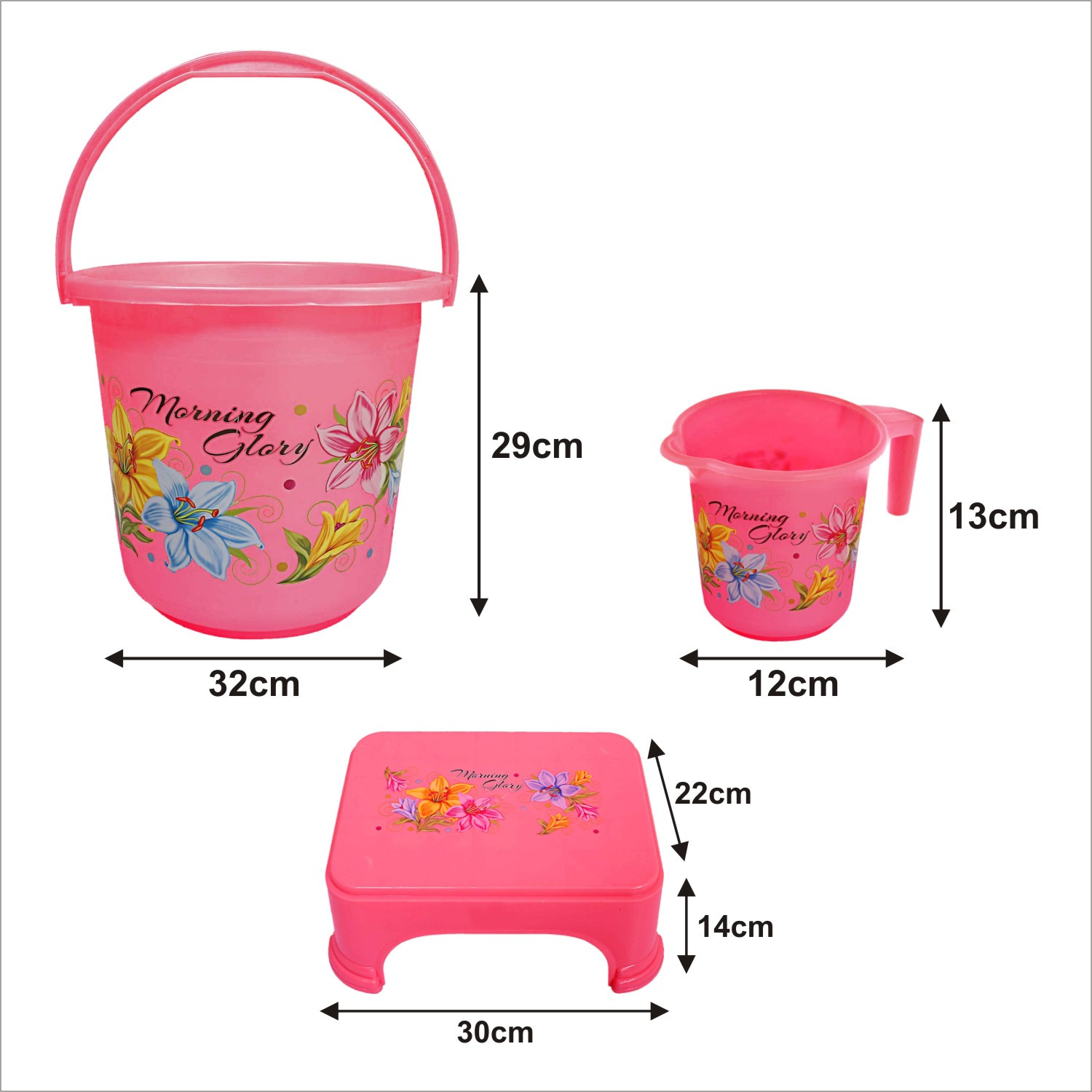 Kuber Industries Printed 3 Pieces Unbreakable Virgin Plastic Multipurpose Bucket, Mug & Stool Set (Pink)