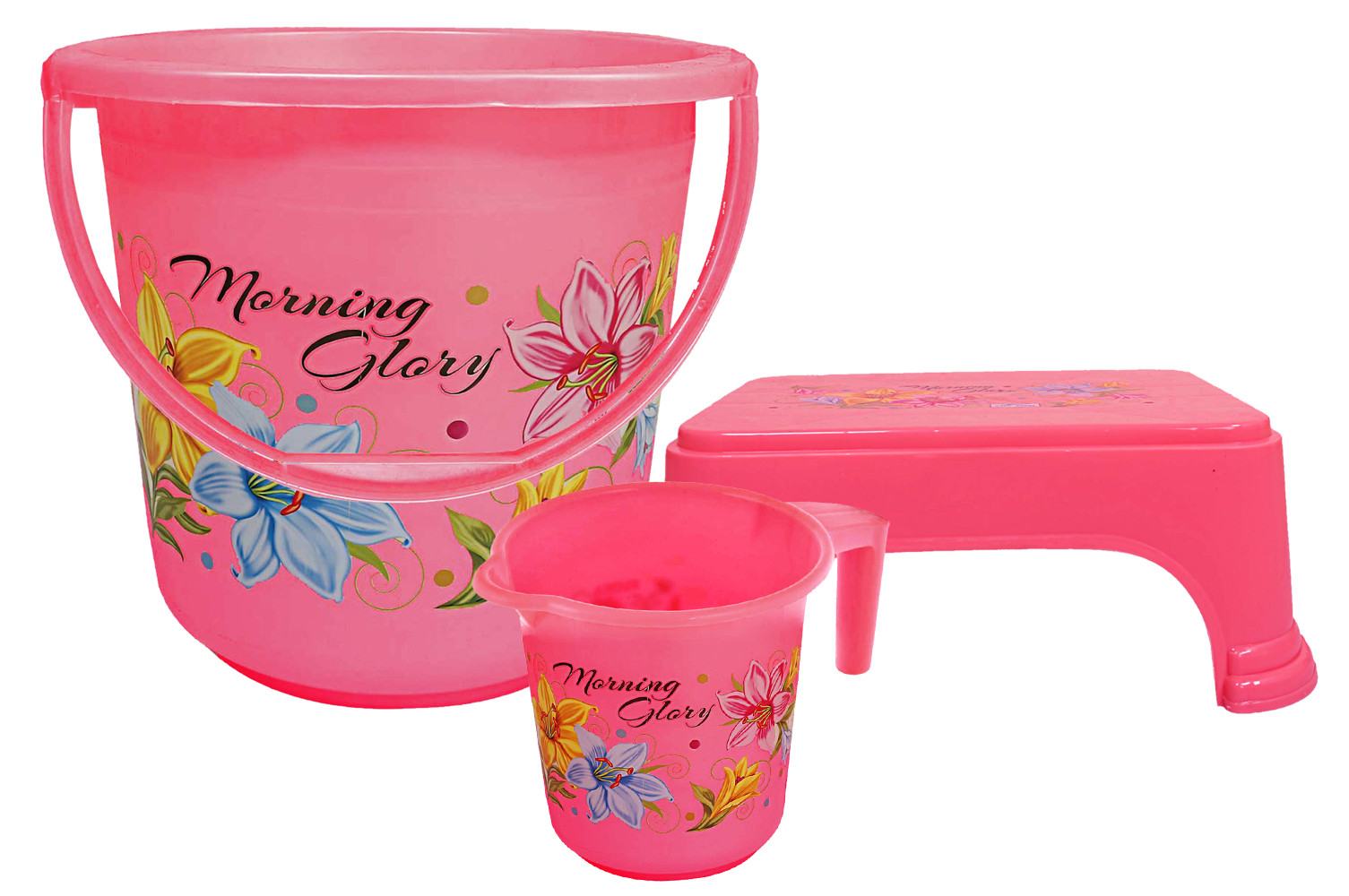 Kuber Industries Printed 3 Pieces Unbreakable Virgin Plastic Multipurpose Bucket, Mug & Stool Set (Pink)
