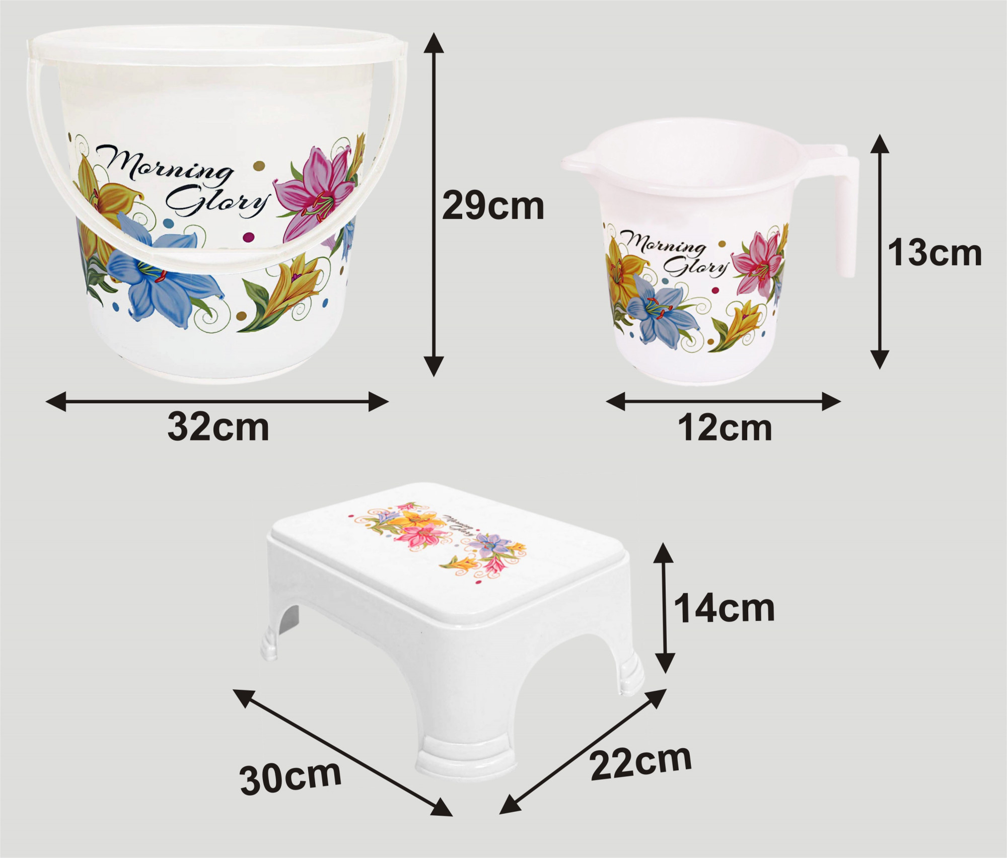 Kuber Industries Printed 3 Pieces Unbreakable Virgin Plastic Multipurpose Bucket, Mug & Stool Set (White)