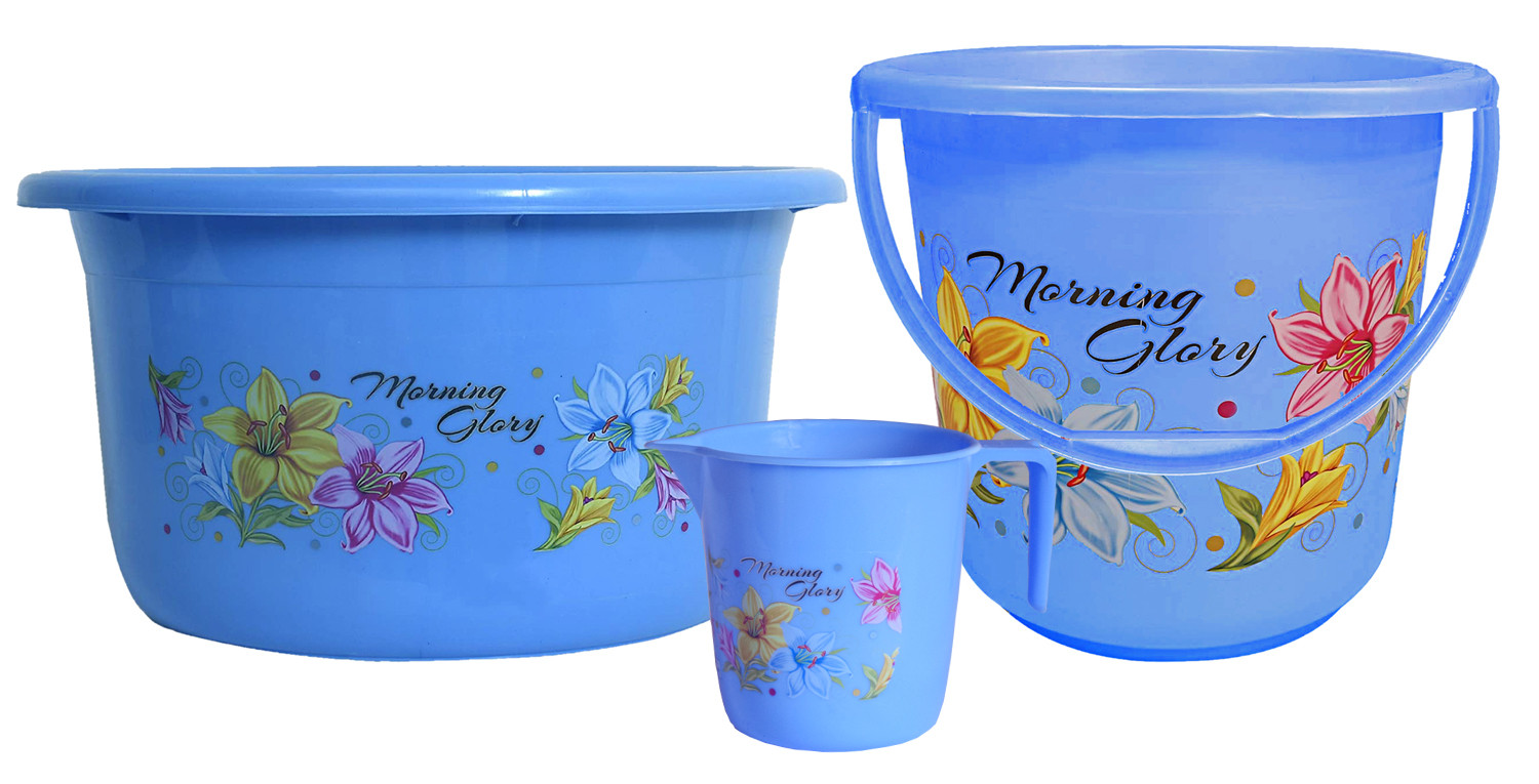 Kuber Industries Printed 3 Pieces Unbreakable Virgin Plastic Multipurpose Bucket, Mug & Tub Set (Blue)