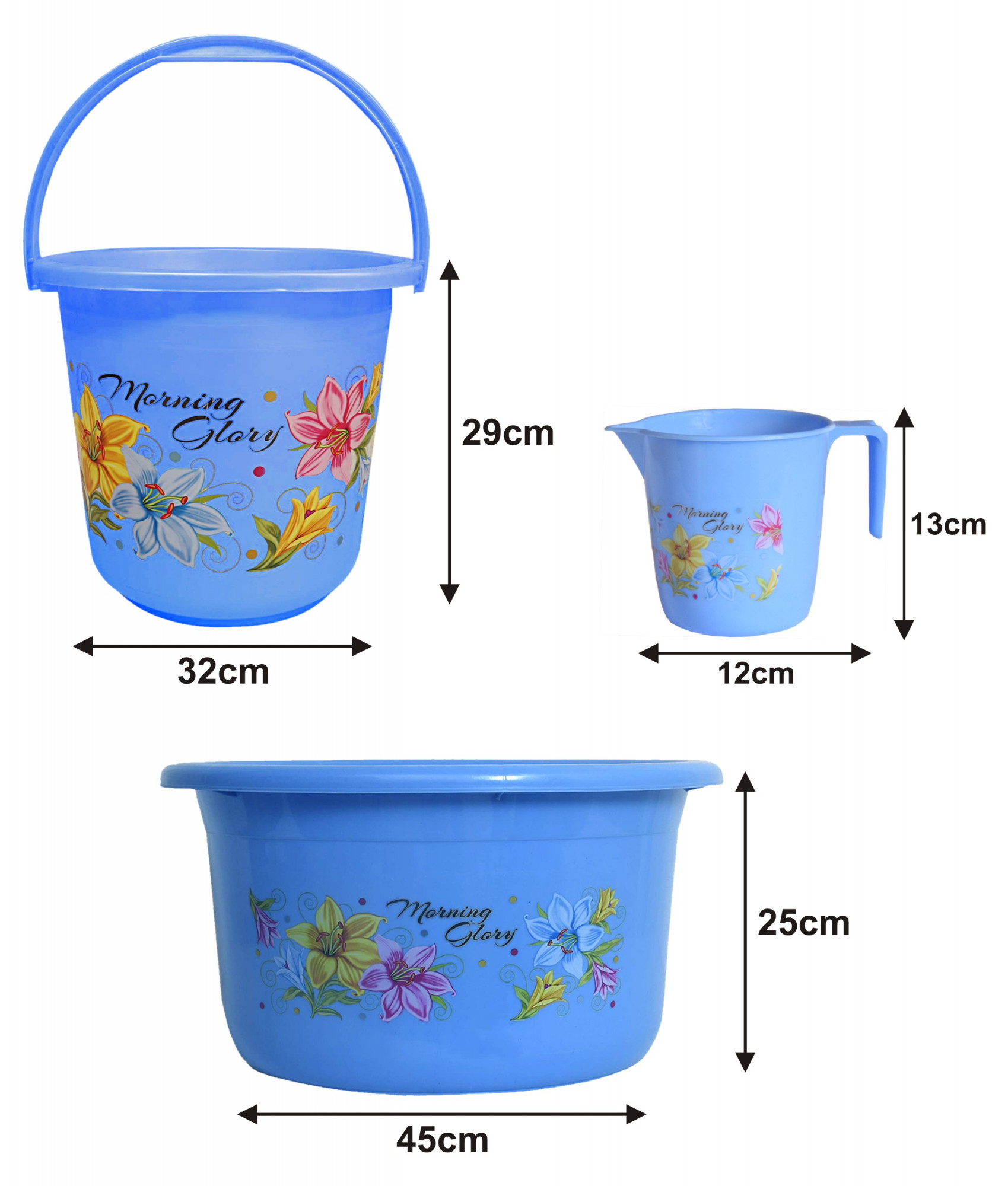Kuber Industries Printed 3 Pieces Unbreakable Virgin Plastic Multipurpose Bucket, Mug & Tub Set (Blue)