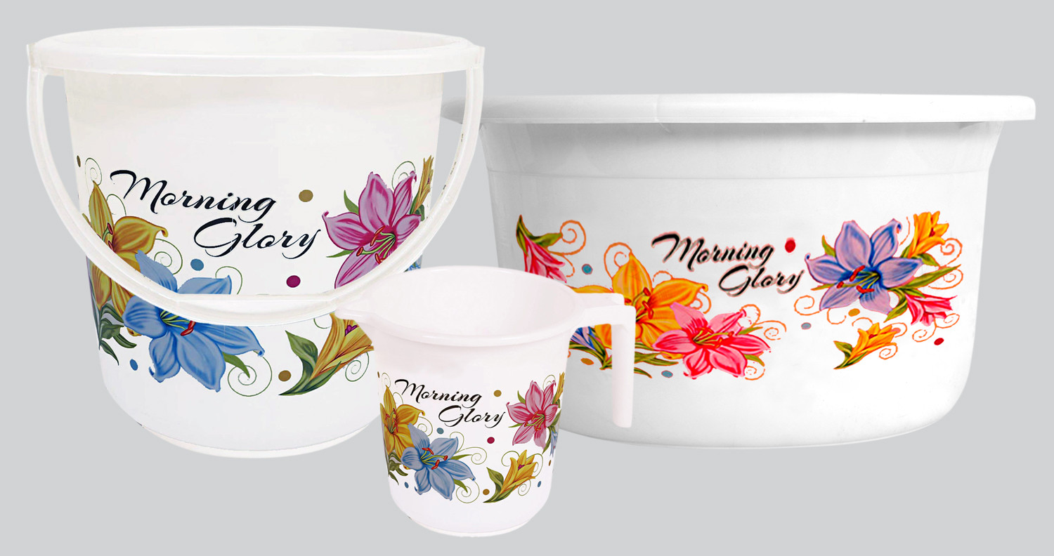 Kuber Industries Printed 3 Pieces Unbreakable Virgin Plastic Multipurpose Bucket, Mug & Tub Set (White)