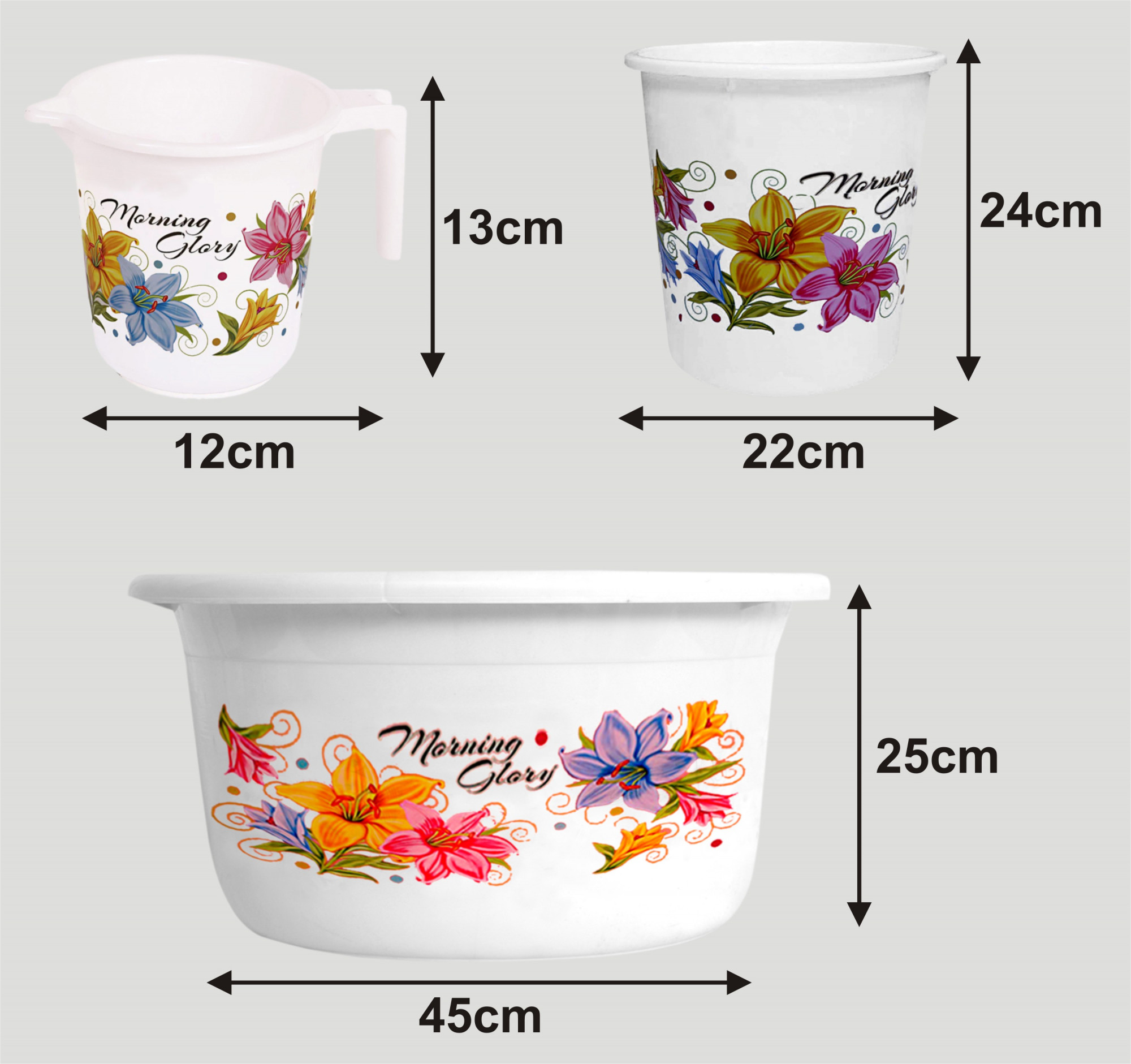 Kuber Industries Printed 3 Pieces Unbreakable Virgin Plastic Multipurpose Bucket, Mug & Tub Set (White)