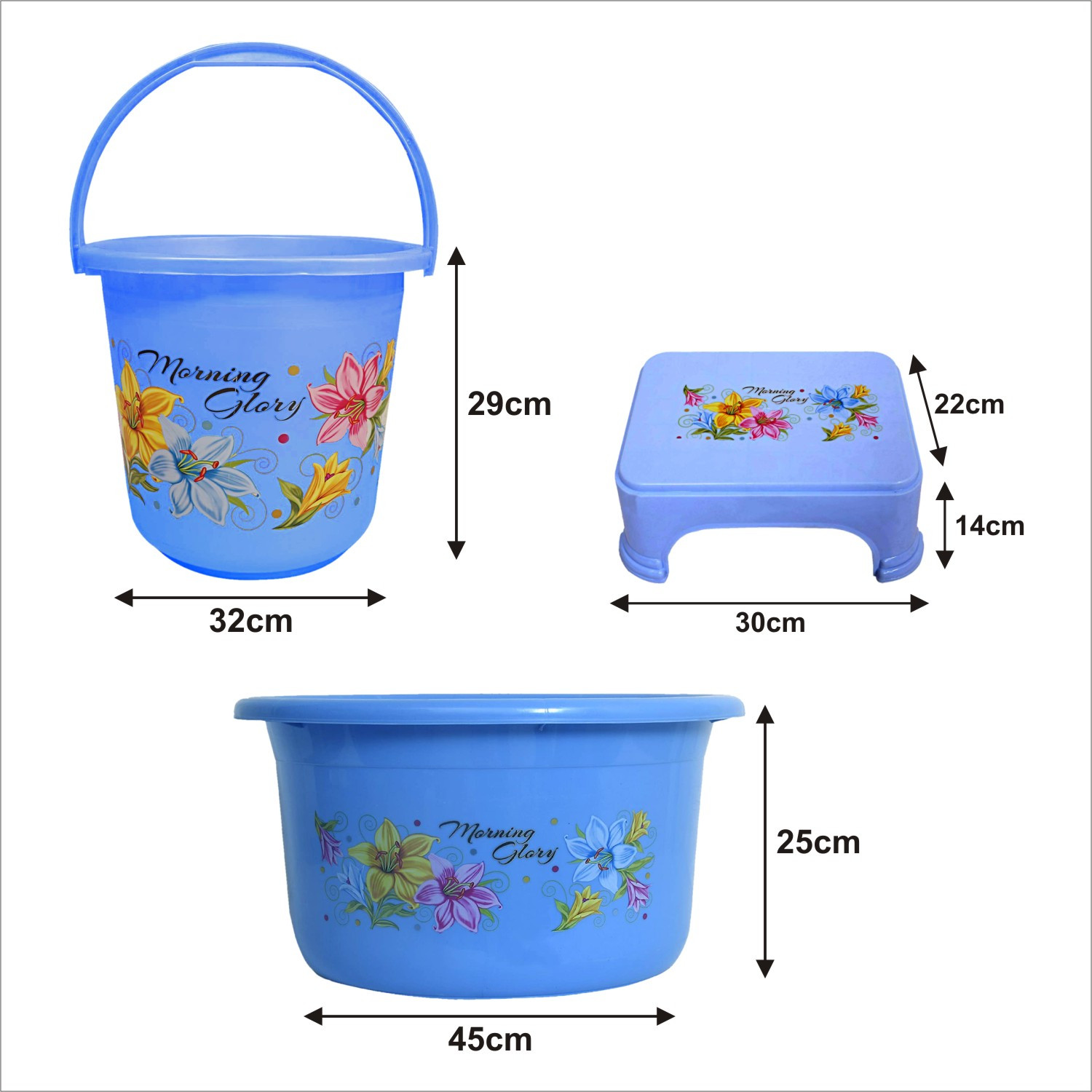 Kuber Industries Printed 3 Pieces Unbreakable Virgin Plastic Multipurpose Bucket, Stool & Tub Set (Blue)