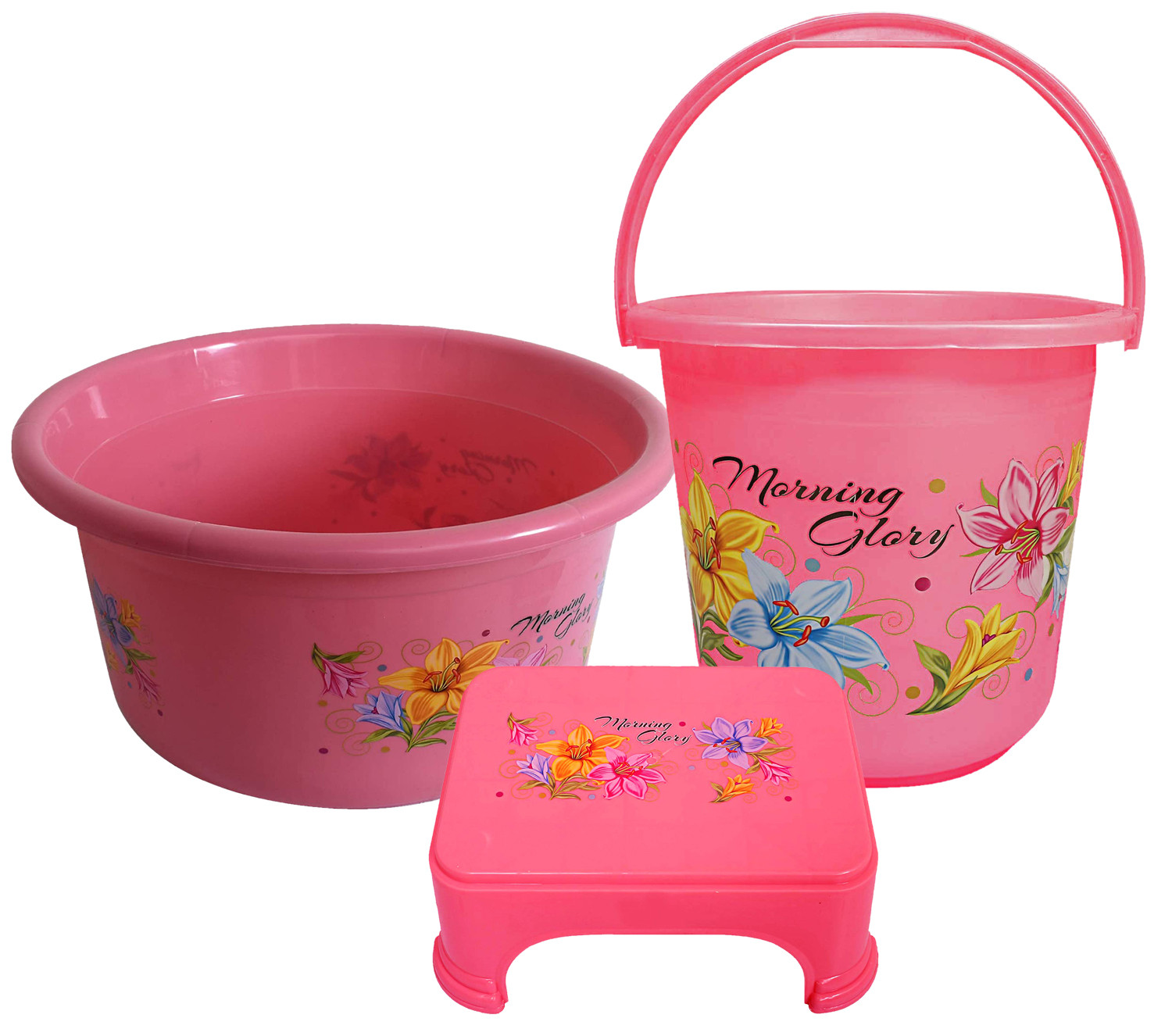 Kuber Industries Printed 3 Pieces Unbreakable Virgin Plastic Multipurpose Bucket, Stool & Tub Set (Pink)