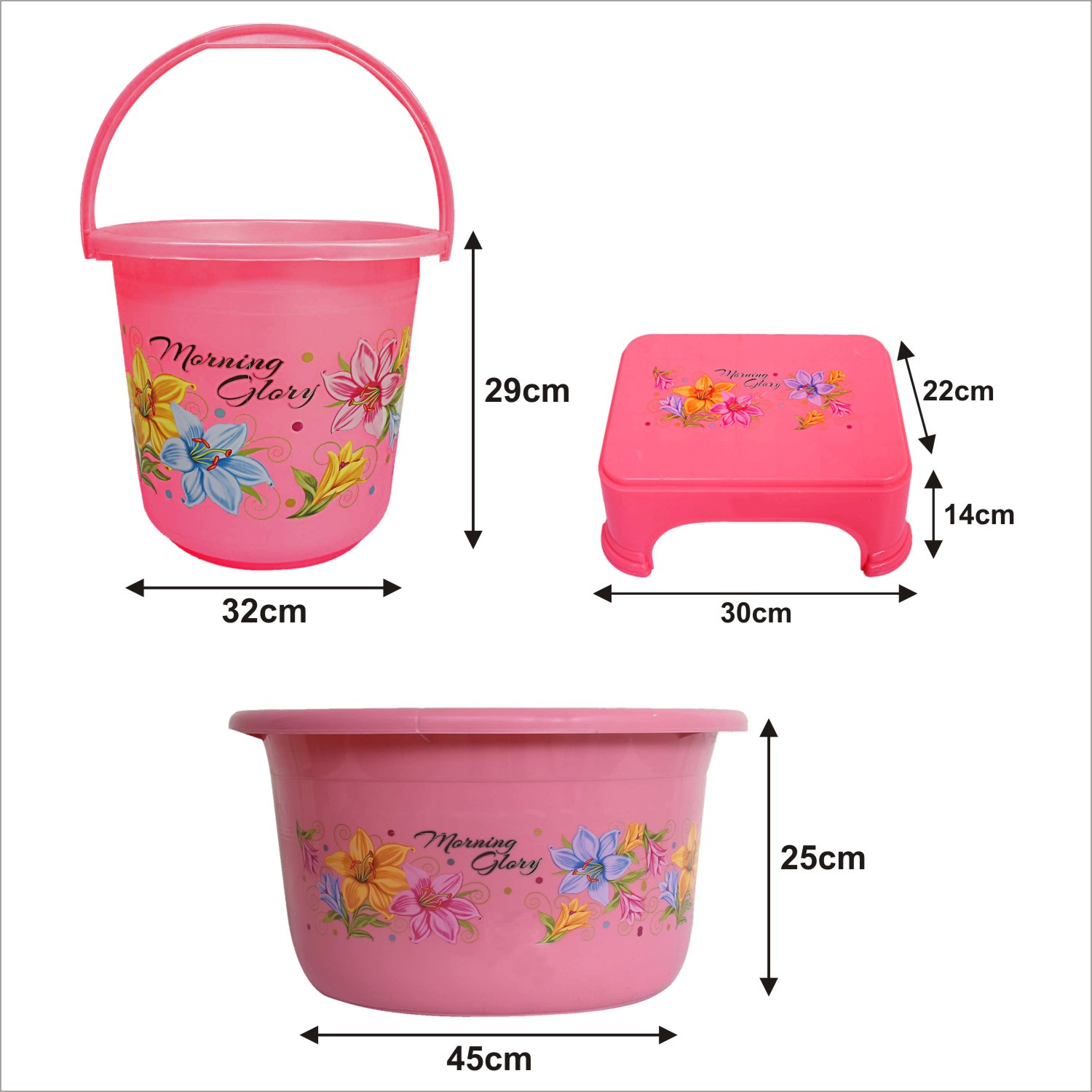 Kuber Industries Printed 3 Pieces Unbreakable Virgin Plastic Multipurpose Bucket, Stool & Tub Set (Pink)