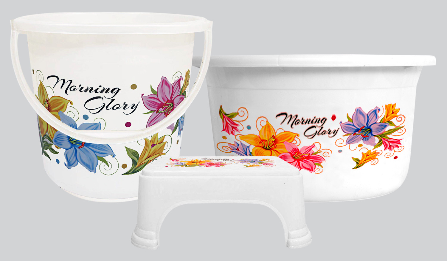 Kuber Industries Printed 3 Pieces Unbreakable Virgin Plastic Multipurpose Bucket, Stool & Tub Set (White)