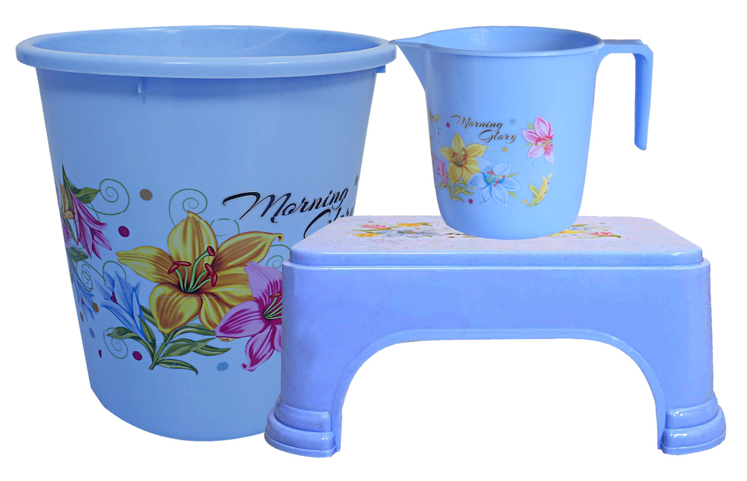 Kuber Industries Printed 3 Pieces Unbreakable Virgin Plastic Multipurpose Mug, Dustbin & Stool Set (Blue)