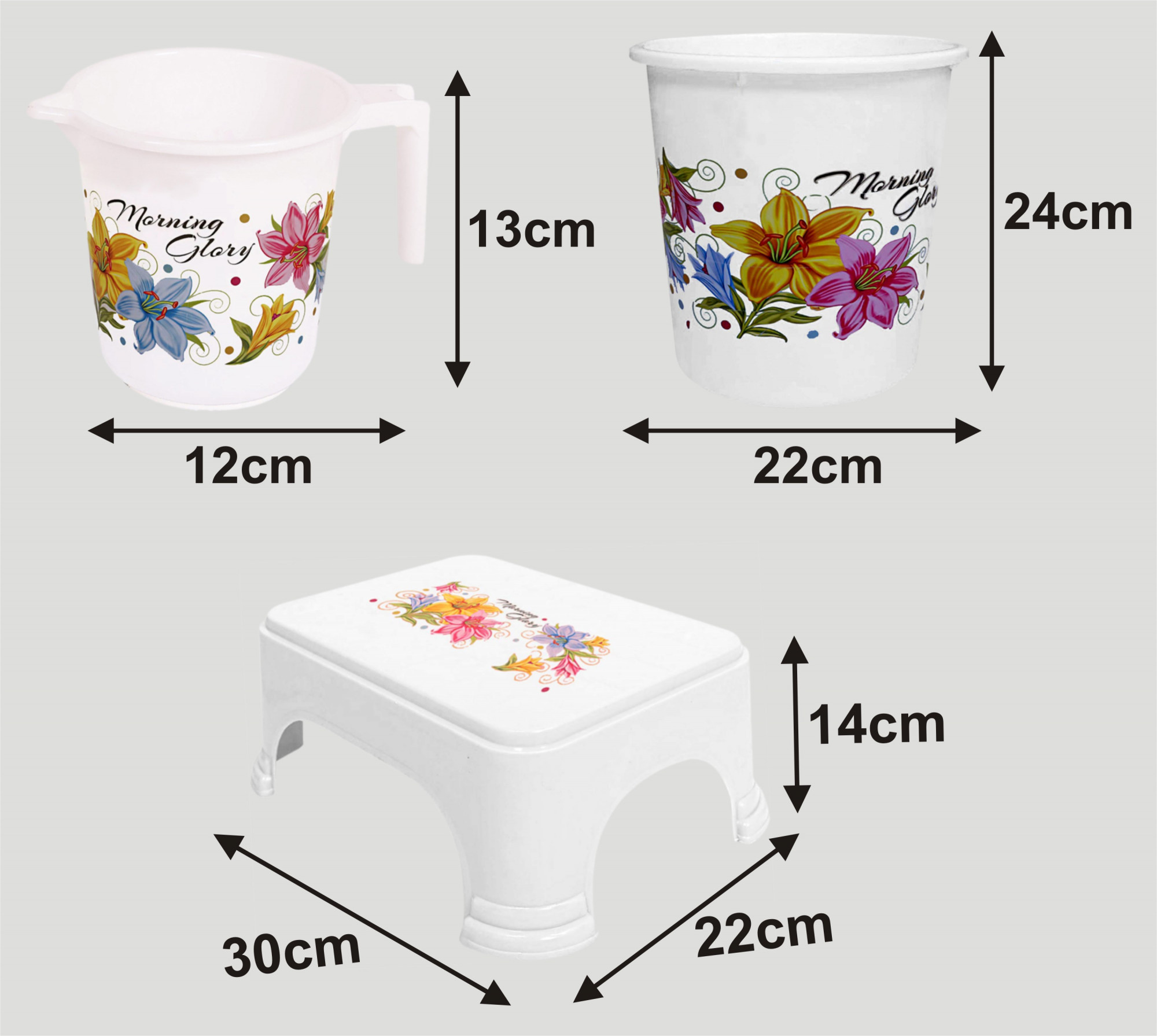 Kuber Industries Printed 3 Pieces Unbreakable Virgin Plastic Multipurpose Mug, Dustbin & Stool Set (White)
