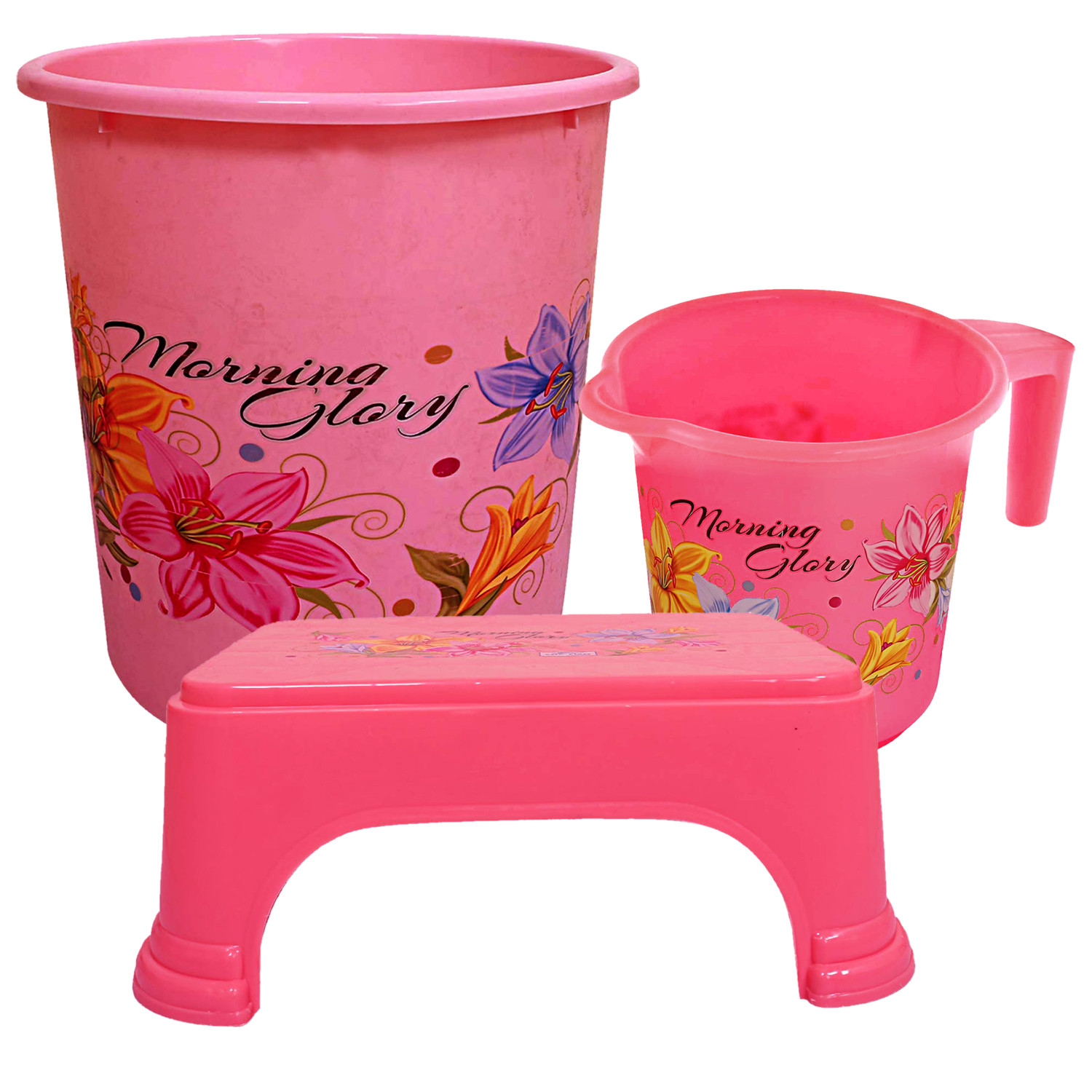 Kuber Industries Printed 3 Pieces Unbreakable Virgin Plastic Multipurpose Mug, Dustbin & Stool Set (Pink)