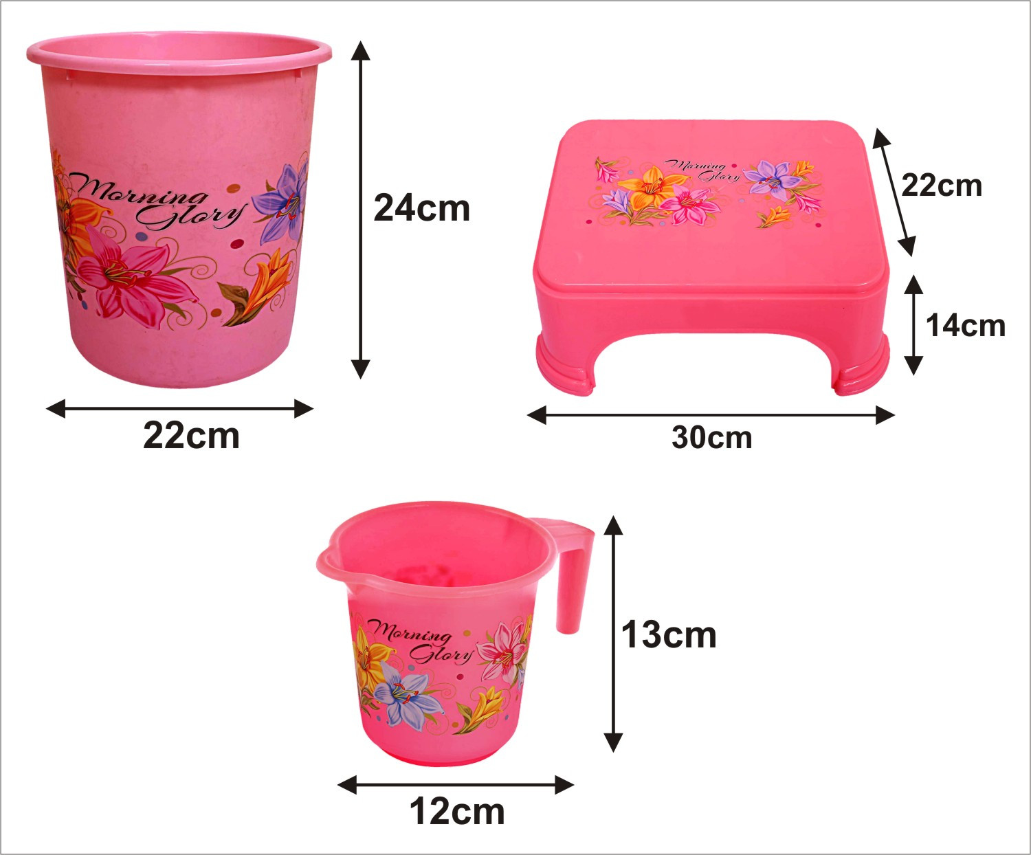 Kuber Industries Printed 3 Pieces Unbreakable Virgin Plastic Multipurpose Mug, Dustbin & Stool Set (Pink)