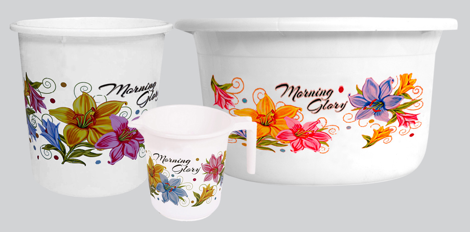 Kuber Industries Printed 3 Pieces Unbreakable Virgin Plastic Multipurpose Mug, Dustbin & Tub Set (White)